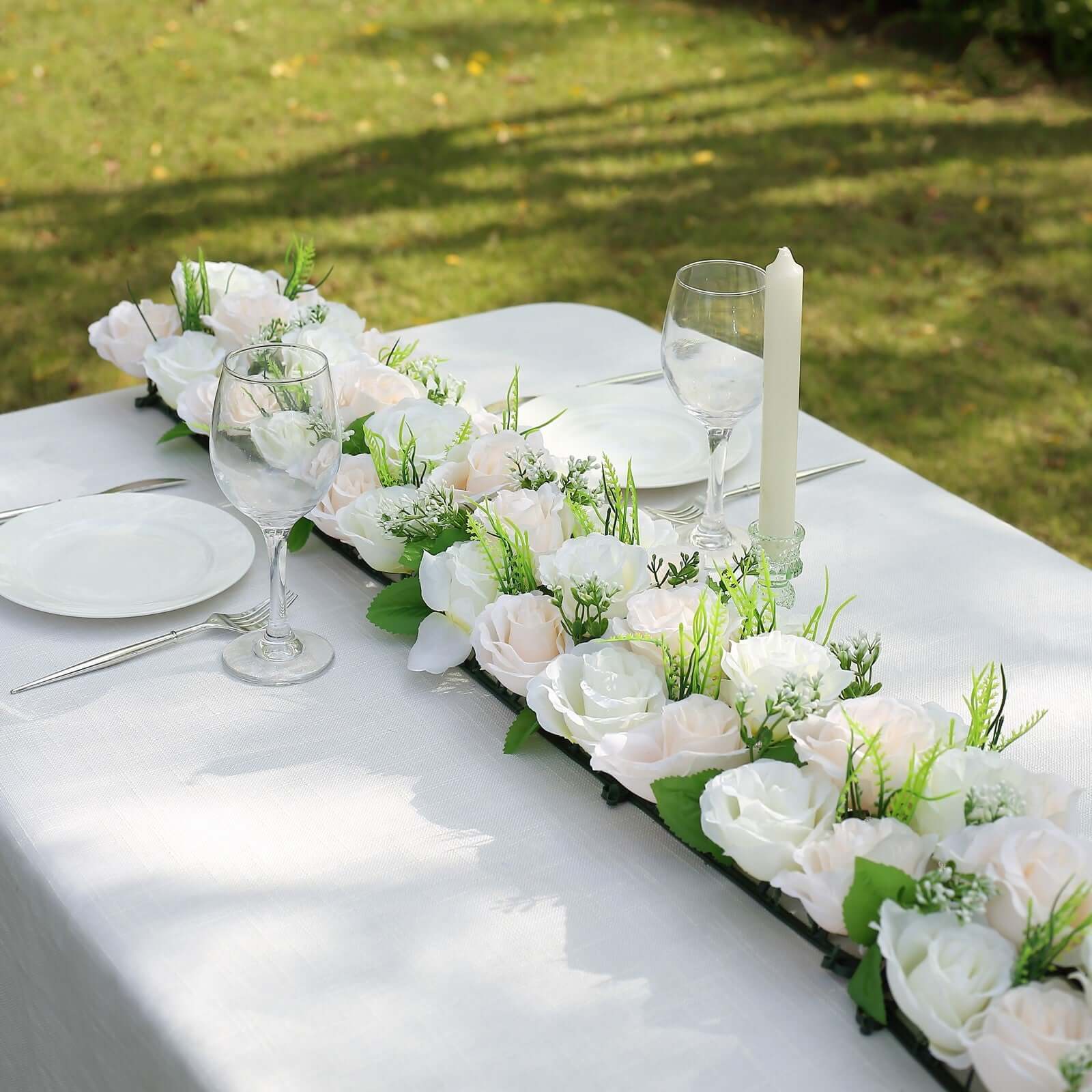 6 Pack Cream Ivory Silk Rose Flower Panel Table Runner, Artificial Floral Arrangements Wedding Table Centerpiece - 20x8