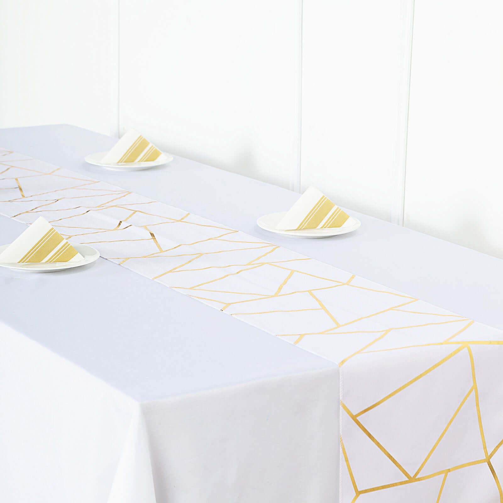 Polyester 9ft Table Runner White with Gold Foil Geometric Pattern - Modern & Stylish Table Decor