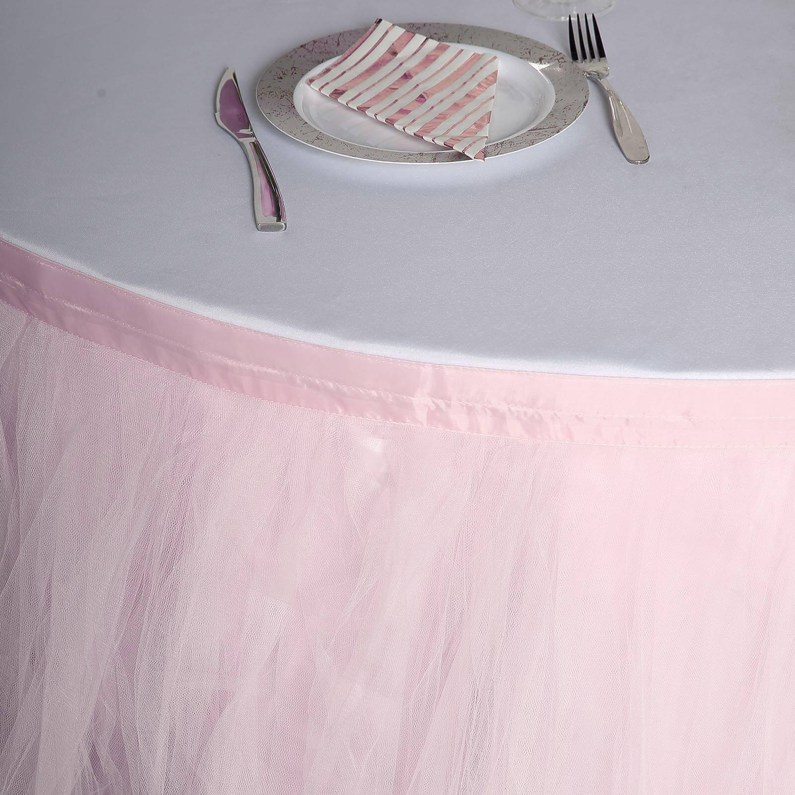 Tulle 14ft Table Skirt Blush - 4 Layer Pleated Tutu Table Cover