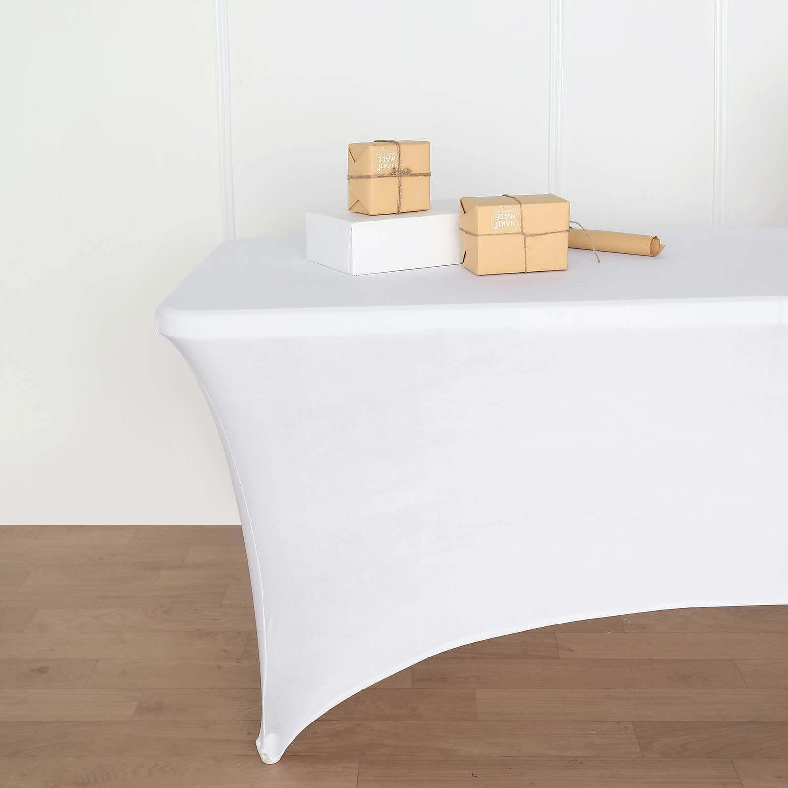 Stretch Spandex 72x30 Rectangular Table Cover White with Curved Open Back Design Tailored Professional Look for Tradeshows, Events & Exhibitions