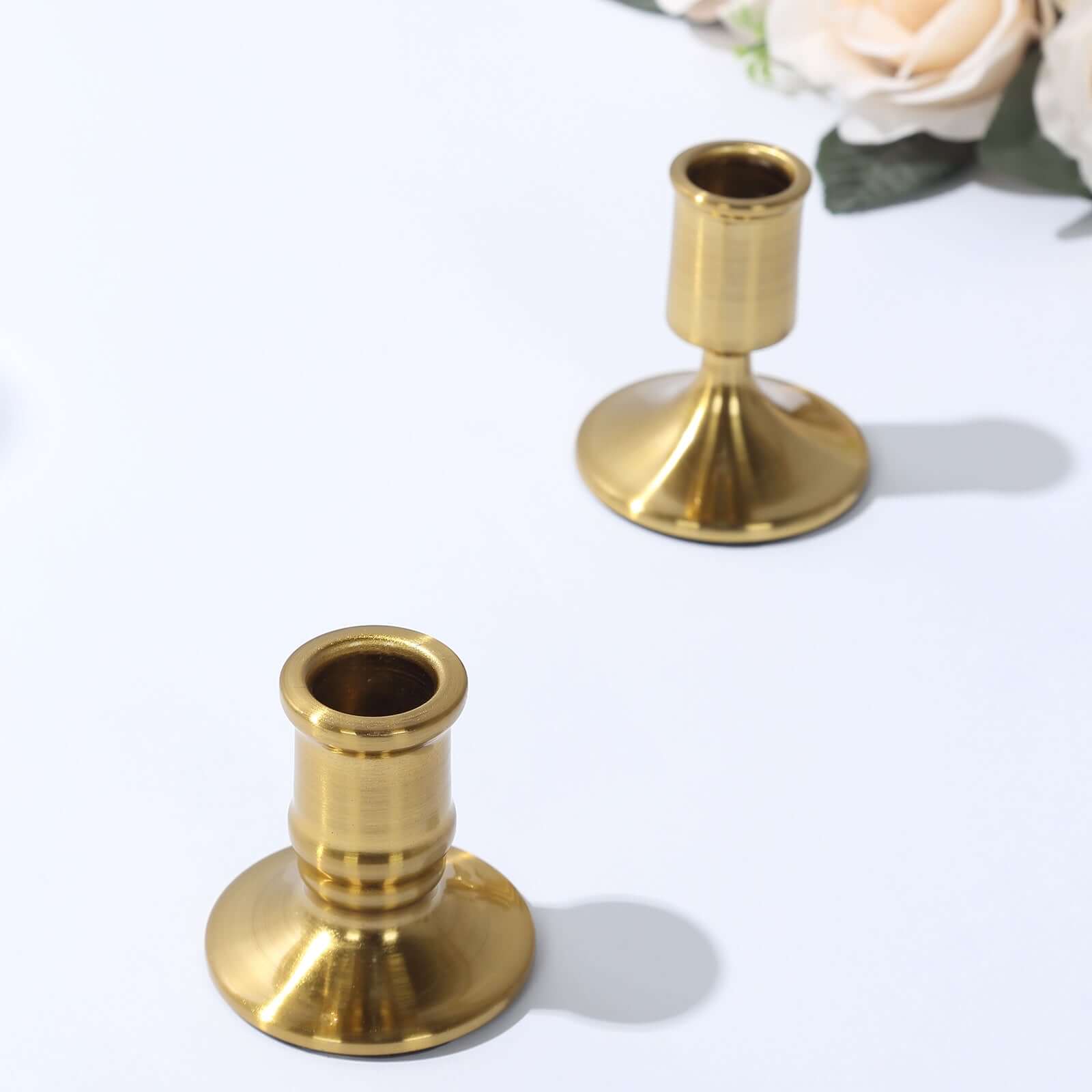 Set of 4 Metal Taper Candle Holders Vintage Gold with Sturdy Round Base - Traditional Pillar Candlestick Holders 2.5, 3