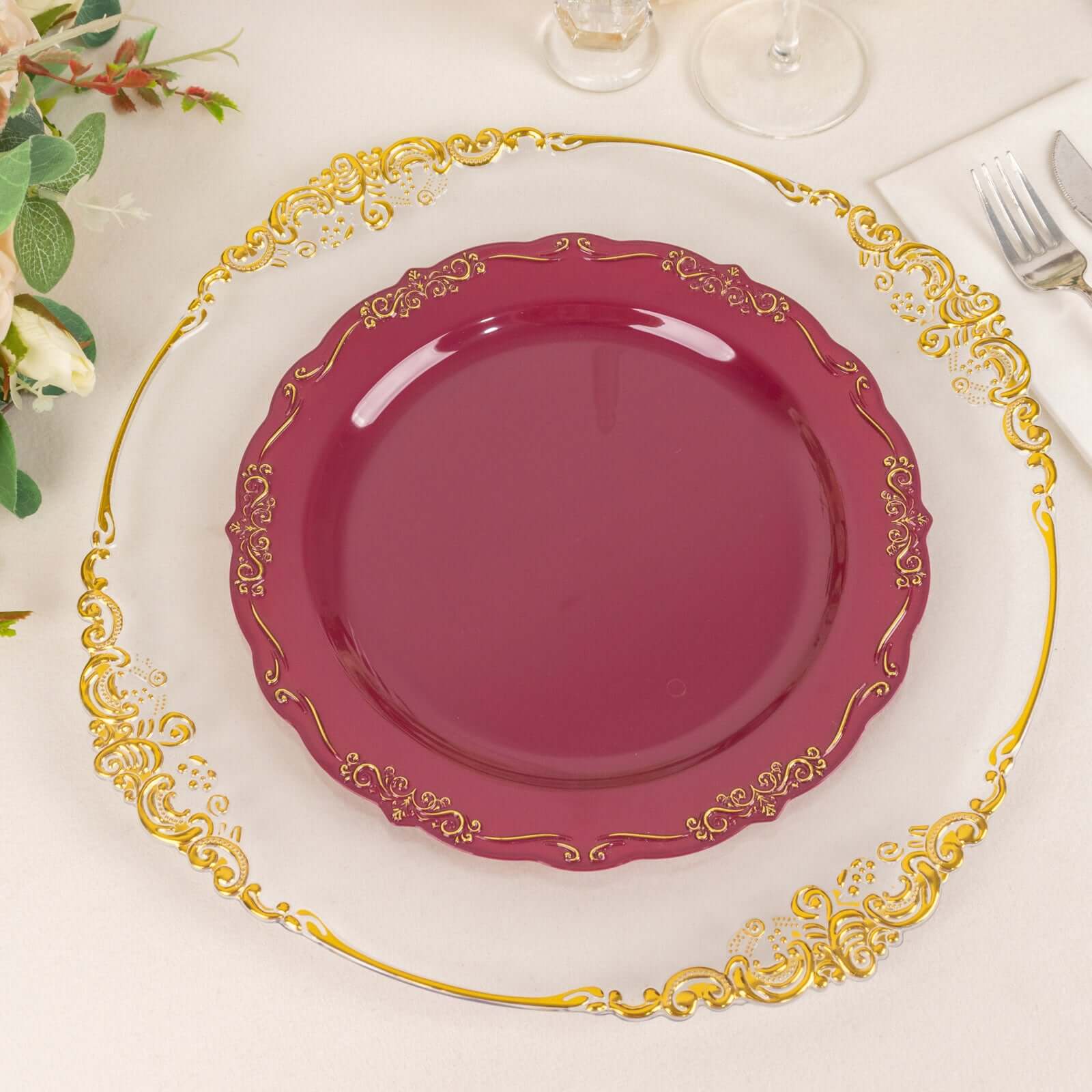 10-Pack Plastic 10 Round Dinner Plates in Burgundy with Gold Vintage Embossed Rim - Sturdy Disposable Scalloped Edge Party Plates for Sophisticated Events & Celebrations