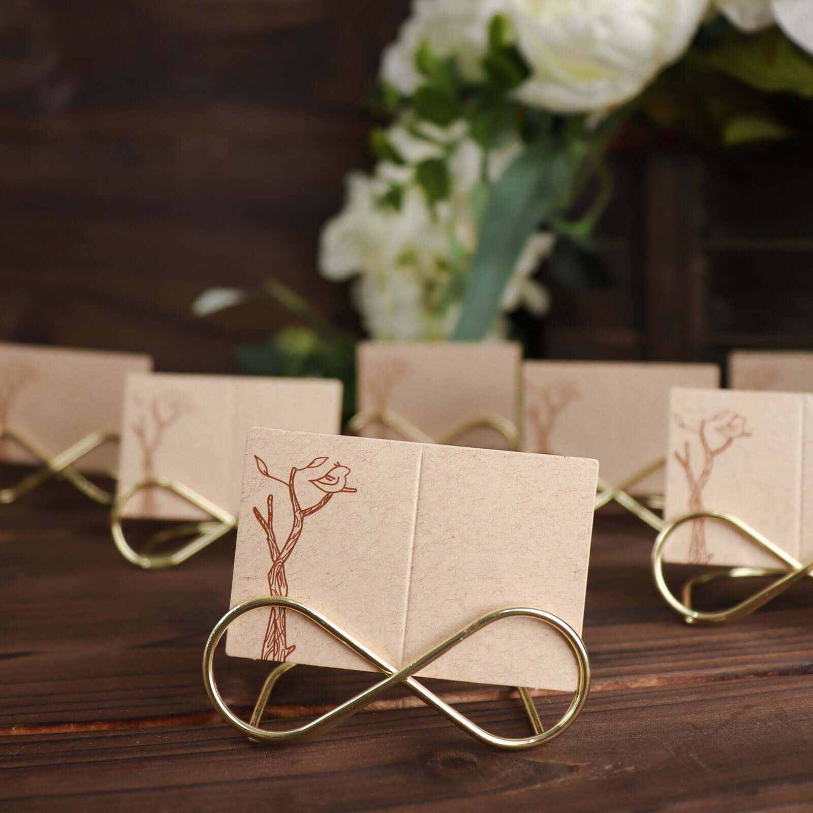 10-Pack Metal Card Holder Stands Infinity Design Gold - Table Number Stands and Wedding Place Card Menu Clips 3