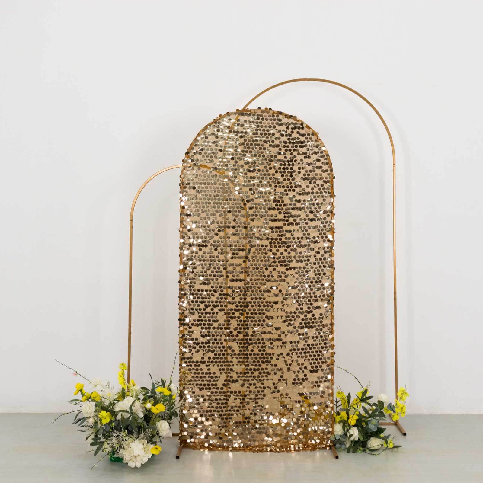 6ft Sparkly Gold Big Payette Sequin Fitted Wedding Arch Cover for Round Top Chiara Backdrop Stand