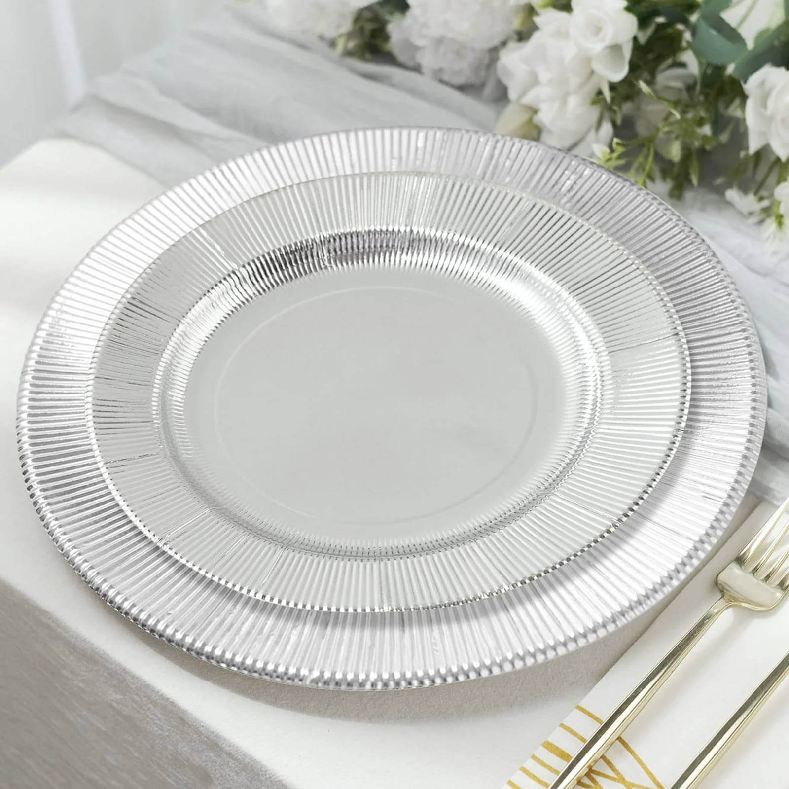 25-Pack Paper 10 Round Dinner Plates in Metallic Silver Sunray Design - Disposable Heavy Duty 350GSM Party Plates