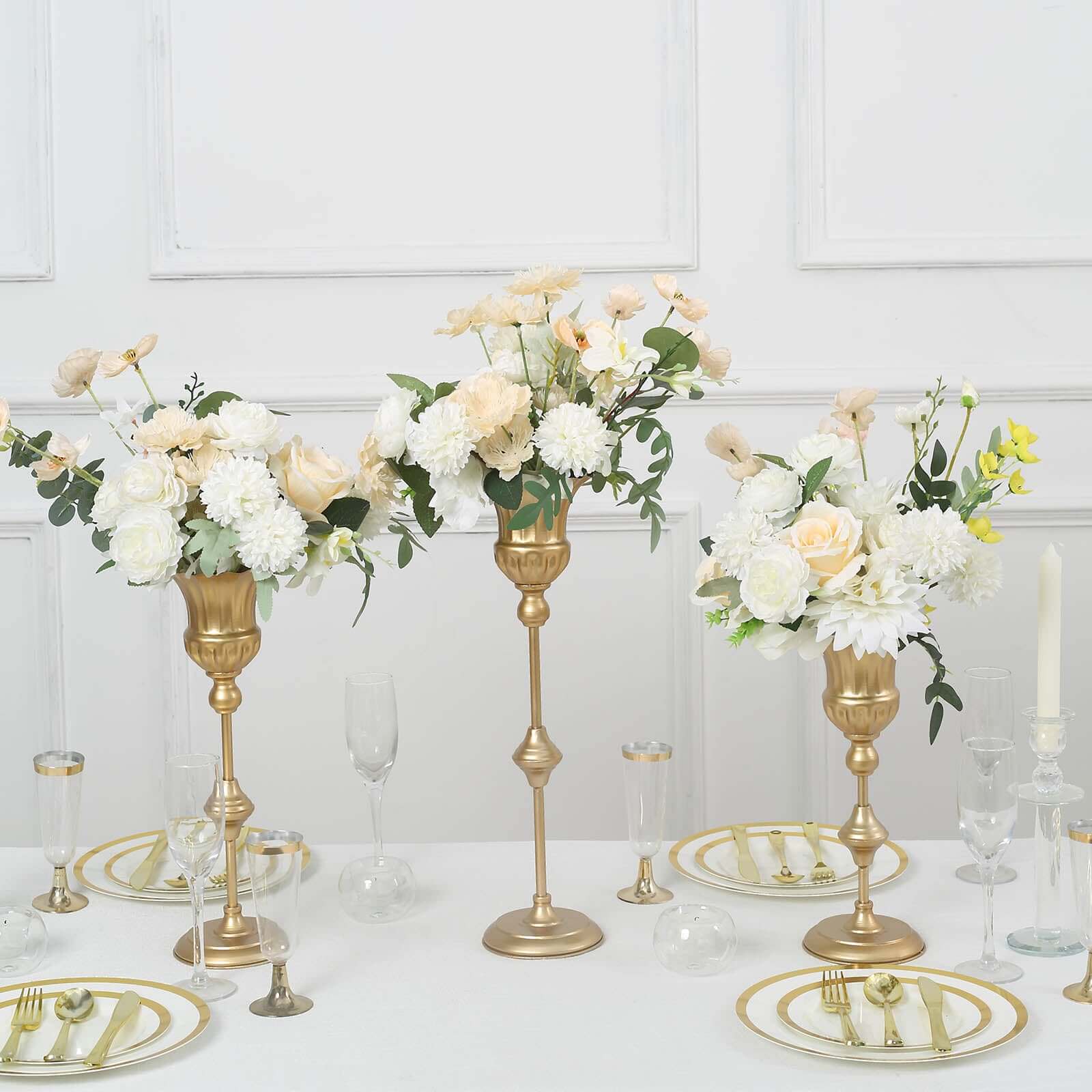 Set of 3 Trumpet Flower Vase Centerpieces Metallic Gold - Vintage Style Flute Table Decorative Stands 13, 16, 19