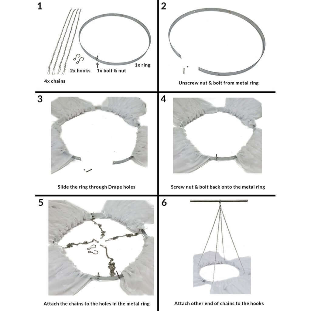 4 Panel White Ceiling Drape and Stainless Steel Hanging Hoop Hardware Kit + FREE Installation Tool Kit