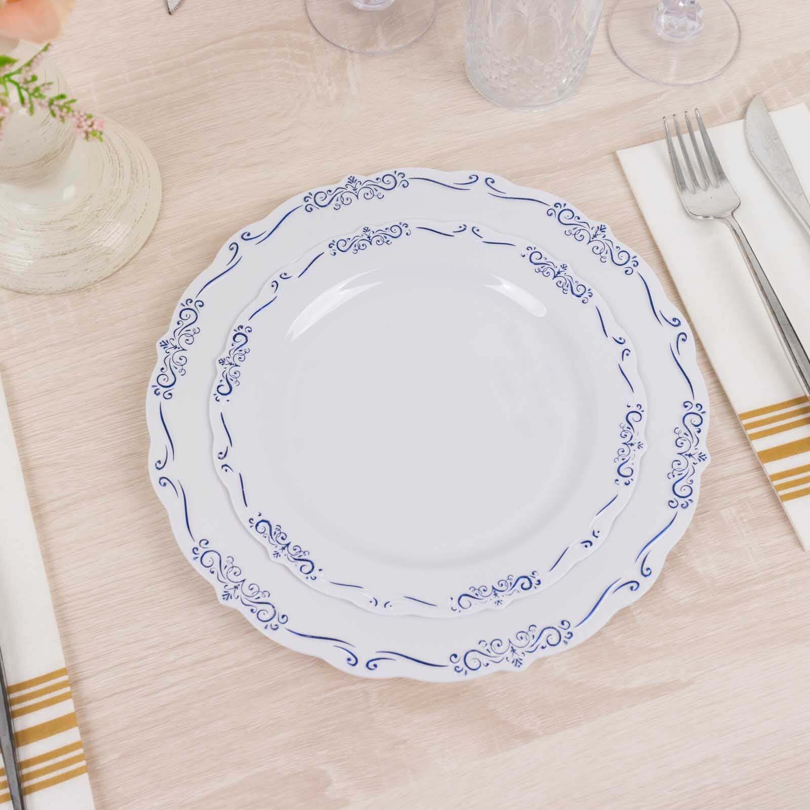 10-Pack Plastic 7 Round Dessert Plates in White with Blue Vintage Embossed Rim - Sturdy Disposable Scalloped Edge Salad Plates