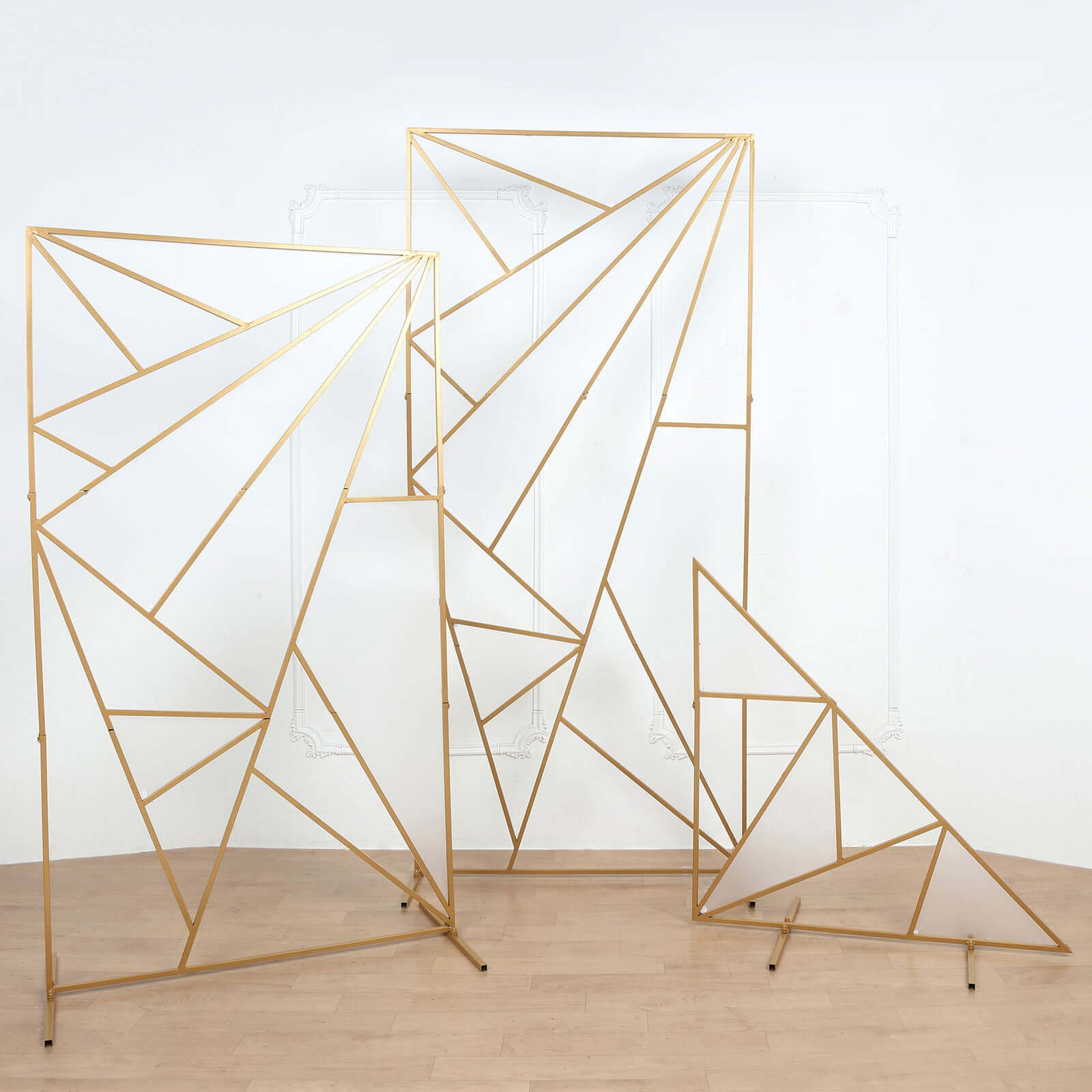 3ft Tall Gold Metal Triangular Geometric Flower Frame Prop Stand, Wedding Backdrop Floor Stand With Cloudy Film Insert