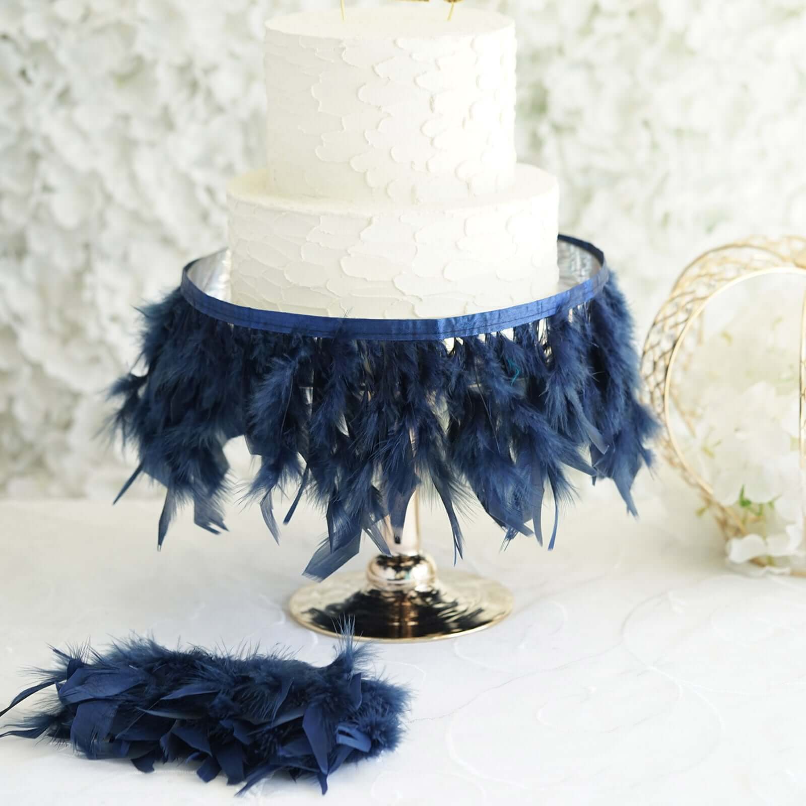 39 Navy Blue Real Turkey Feather Fringe Trim With Satin Ribbon Tape