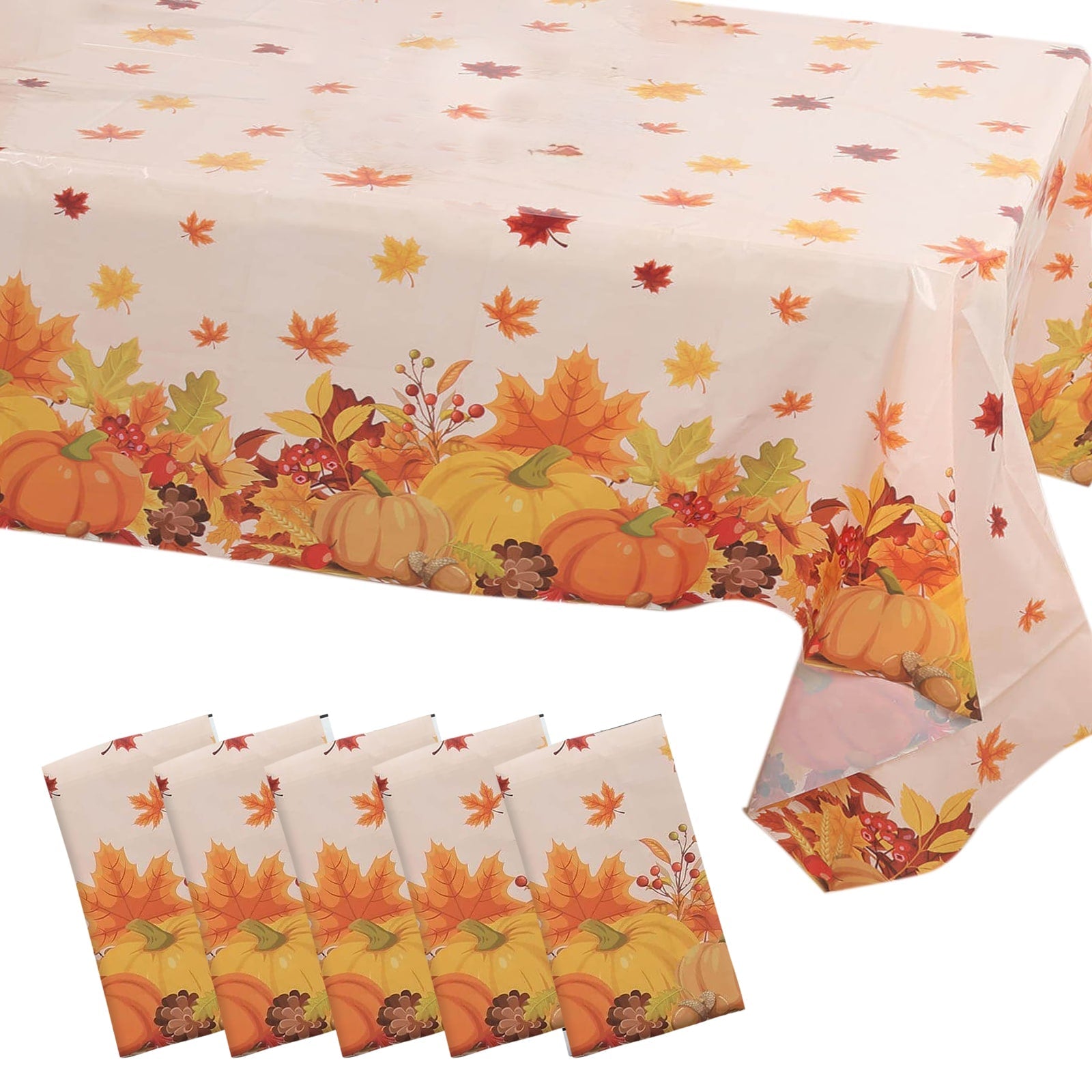 5-Pack Plastic Tablecloths Orange Thanksgiving Rectangle with Fall Leaves Pumpkin Print - Festive PVC Disposable Table Covers 54x108