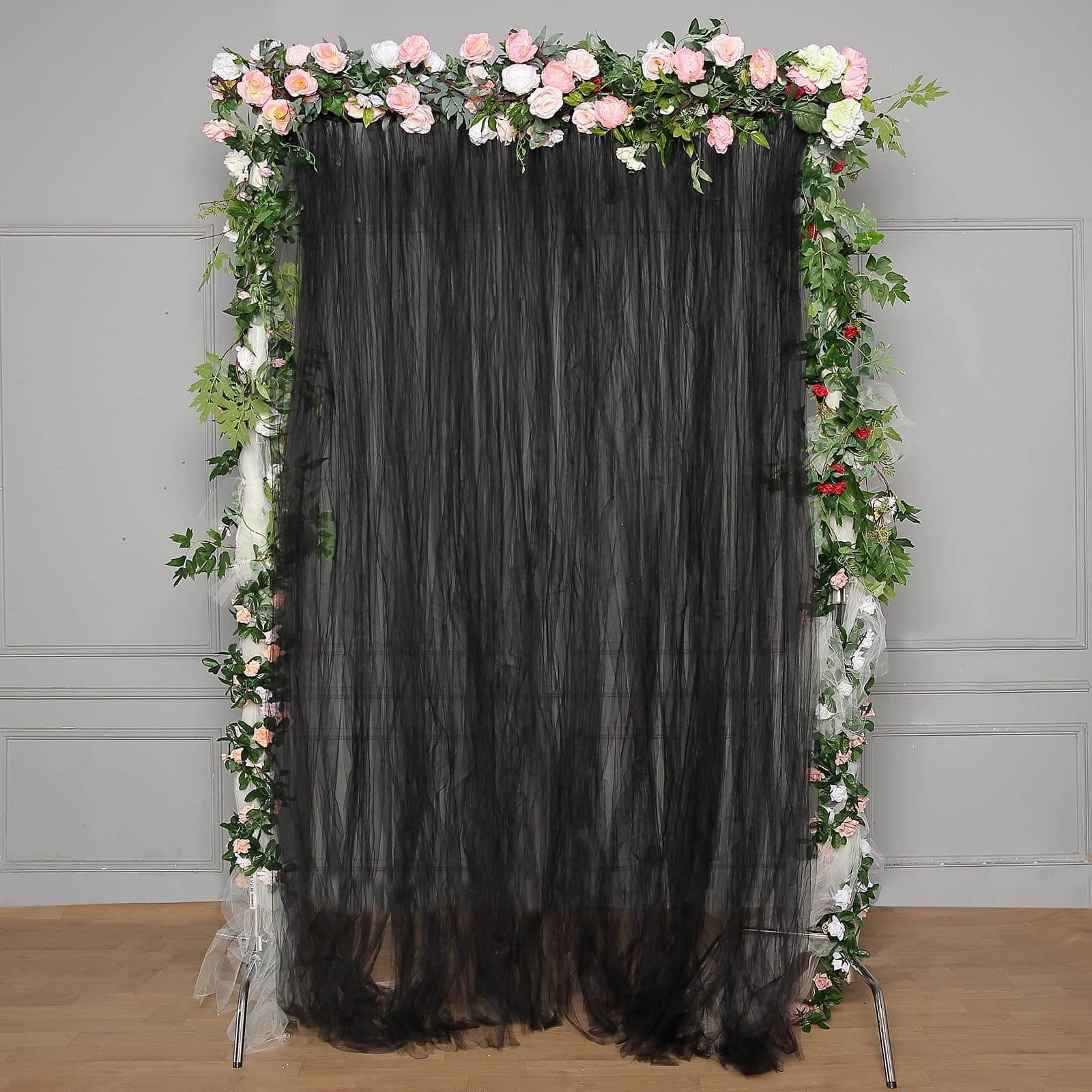 5ftx10ft Black Dual Sided Sheer Tulle Event Curtain Drapes With Satin Header, Rod Ready Backdrop Event Panel