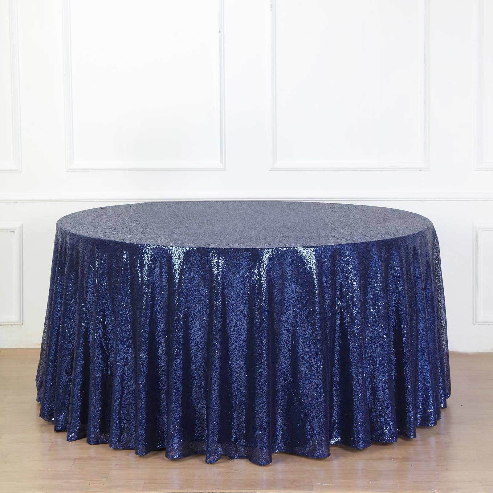 Sequin 132 Round Tablecloth Navy Blue - Seamless Dazzling Table Cover