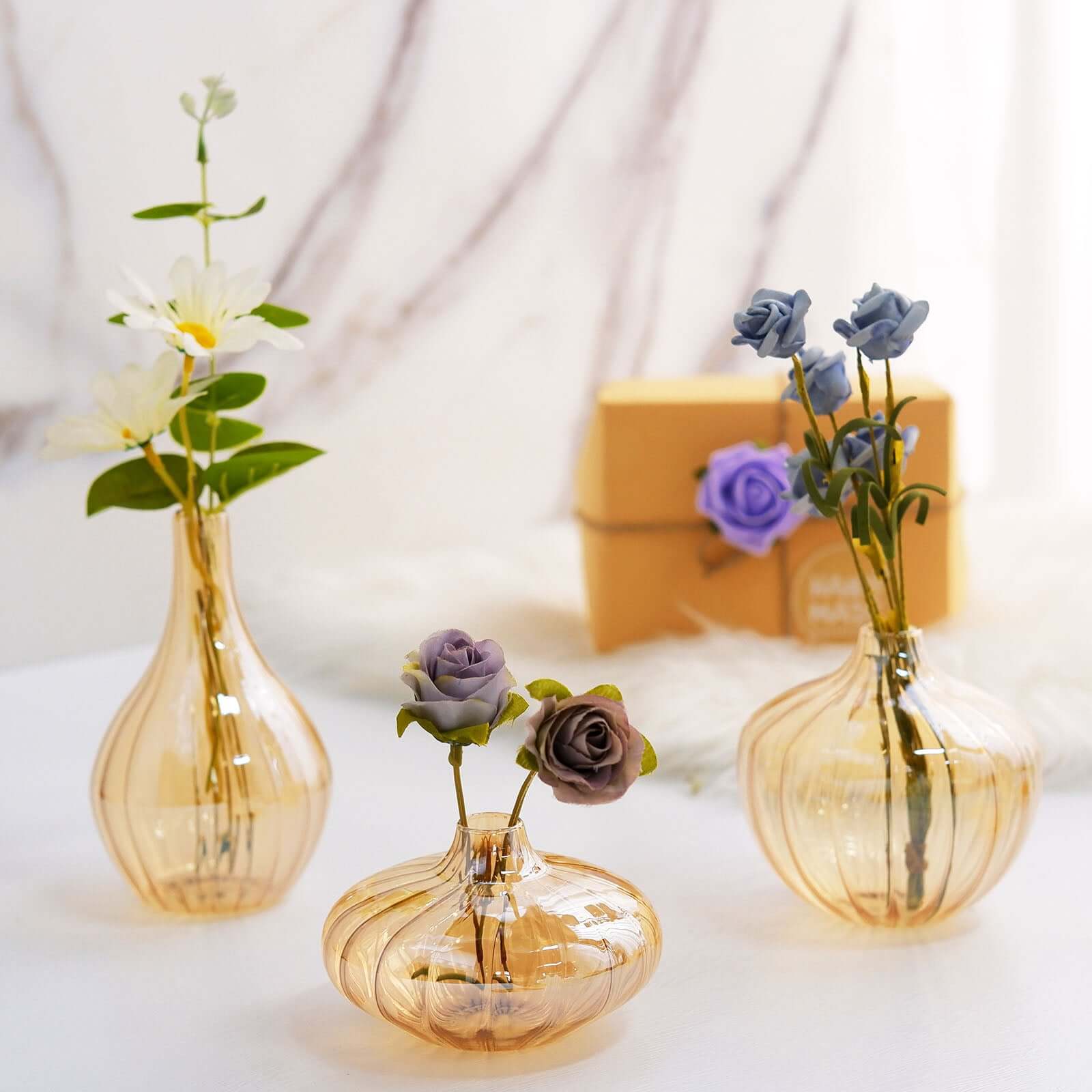 Set of 3 Gold Glass Ribbed Design Mini Flower Bud Vases, Table Centerpiece Set - Assorted Sizes