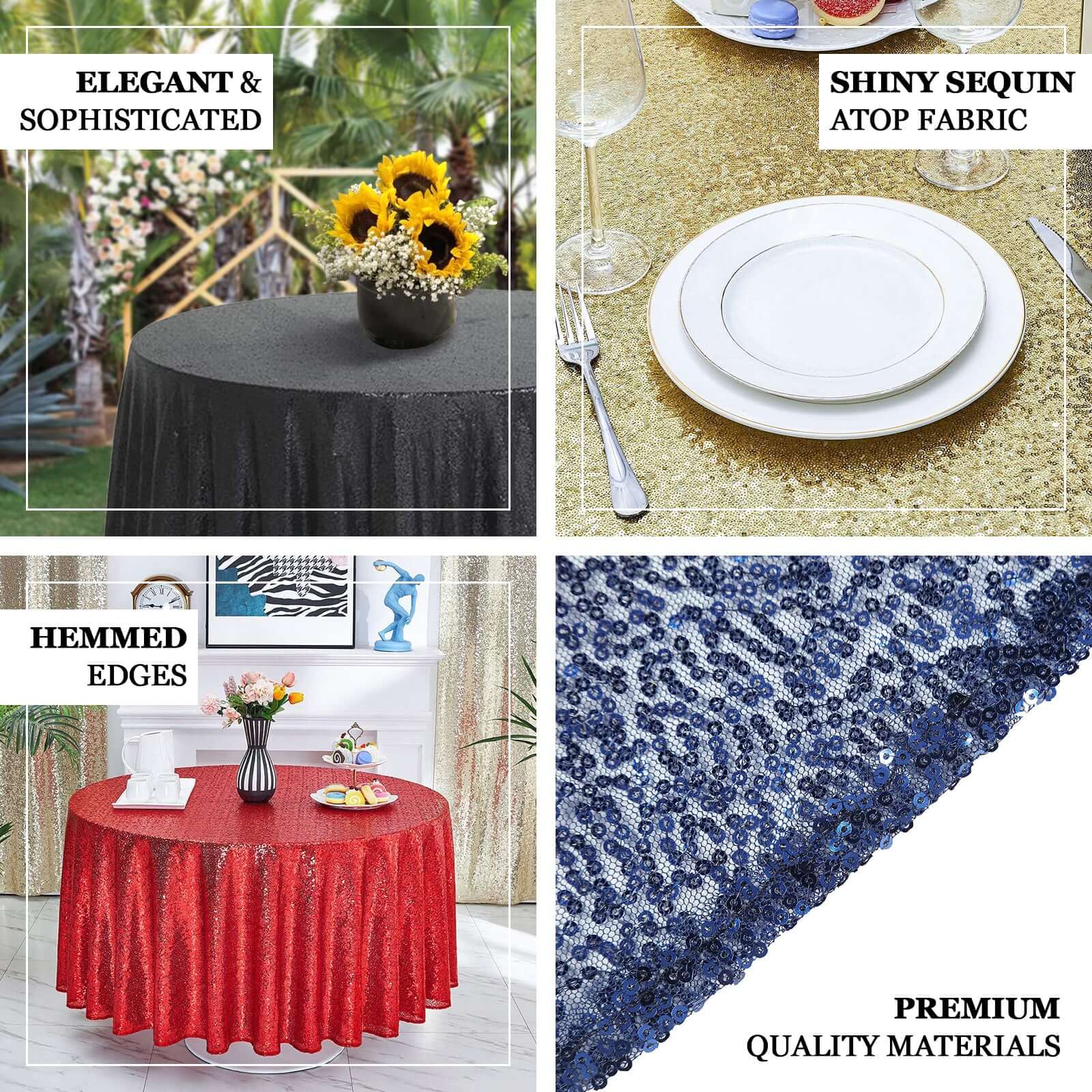 Sequin 132 Round Tablecloth Navy Blue - Seamless Dazzling Table Cover