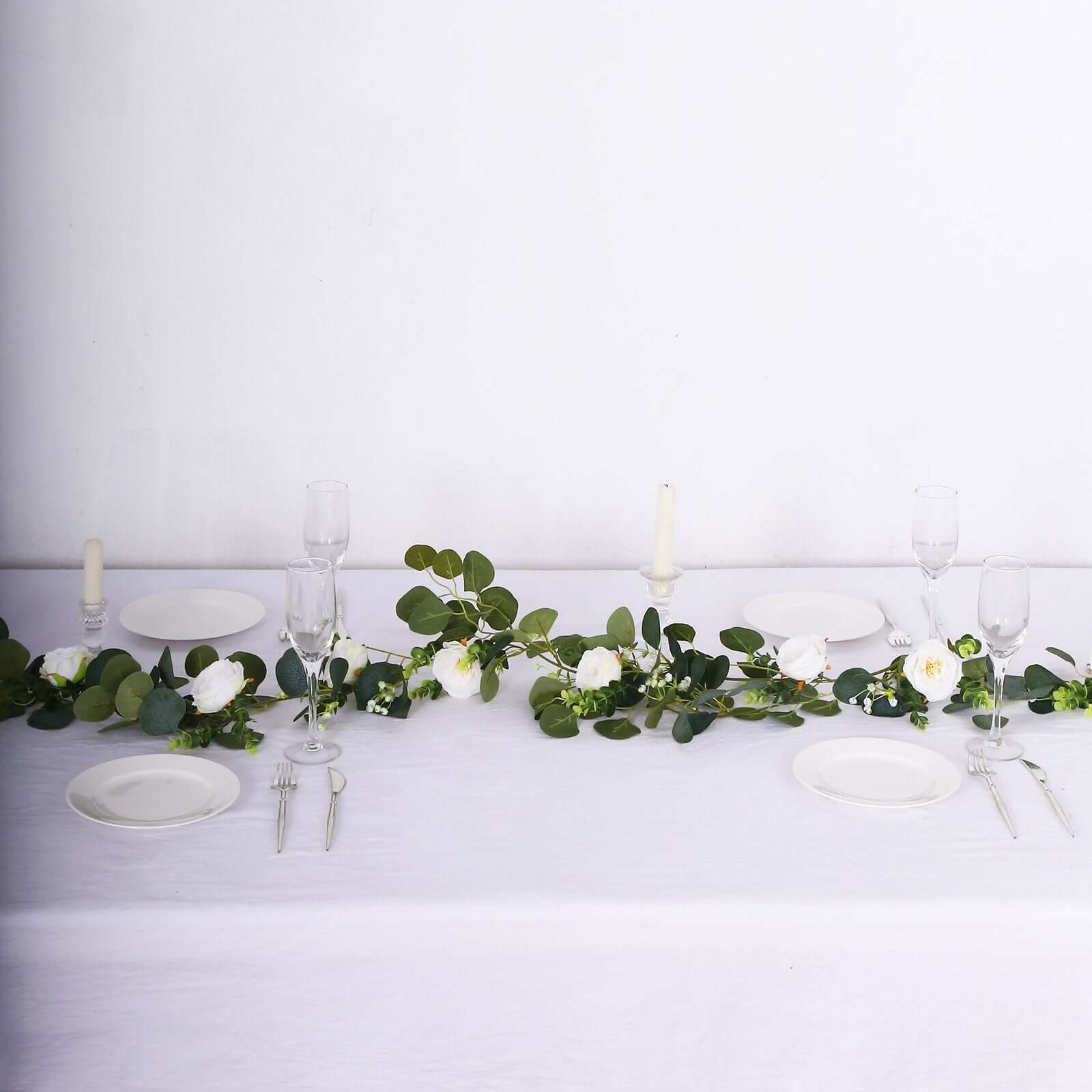 5.5ft Artificial Eucalyptus Leaf Hanging Vines With 7 White Rose Flower Heads, Floral Greenery Table Garland