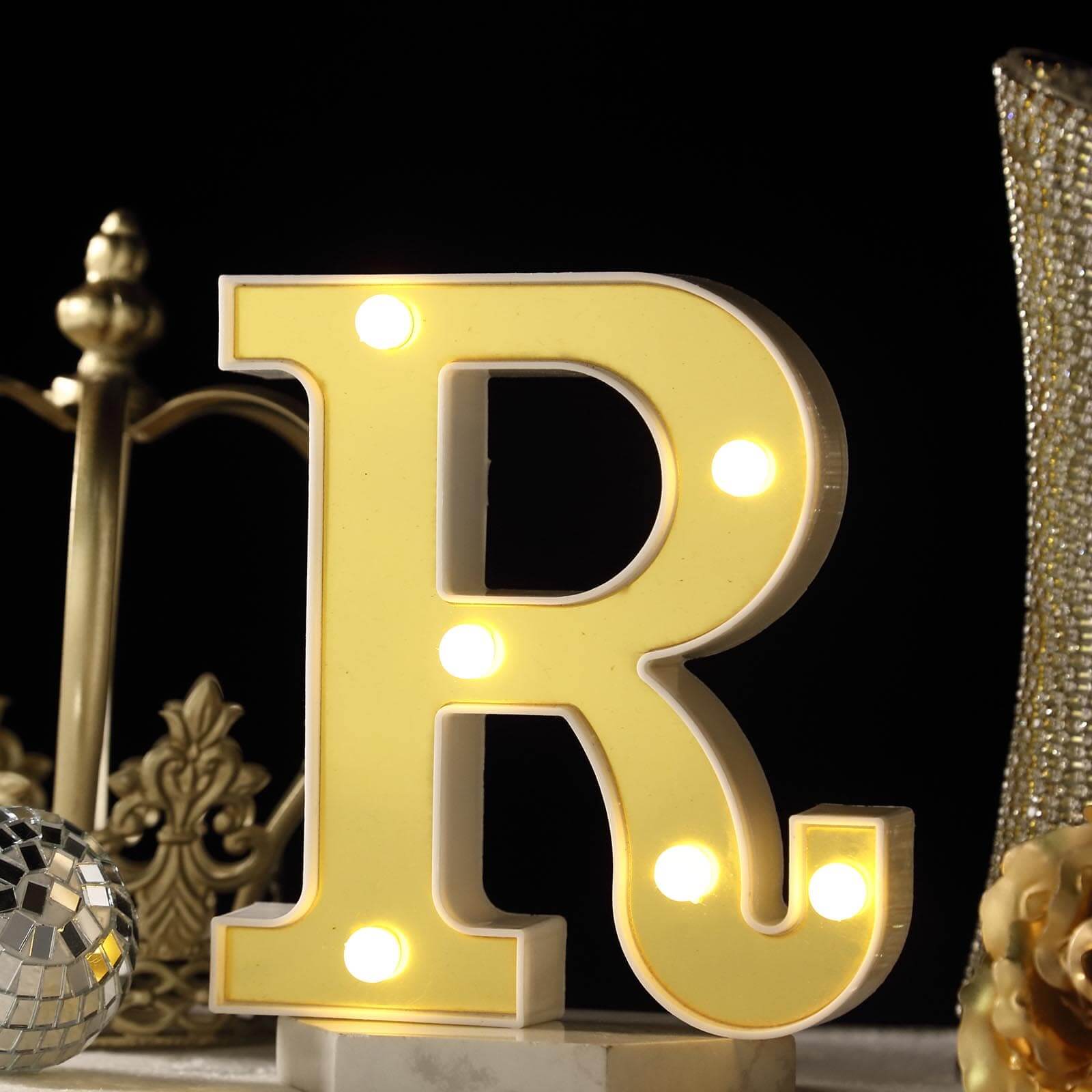 3D Marquee Letter R Warm White 6 LED Lights Gold - Chic Light-Up Decor for Events 6