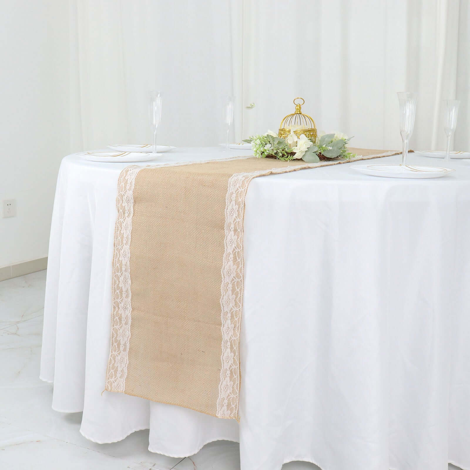 Burlap Jute 14x104 Table Runner Natural With White Lace Trim Edges - Rustic Vintage Tabletop Decor