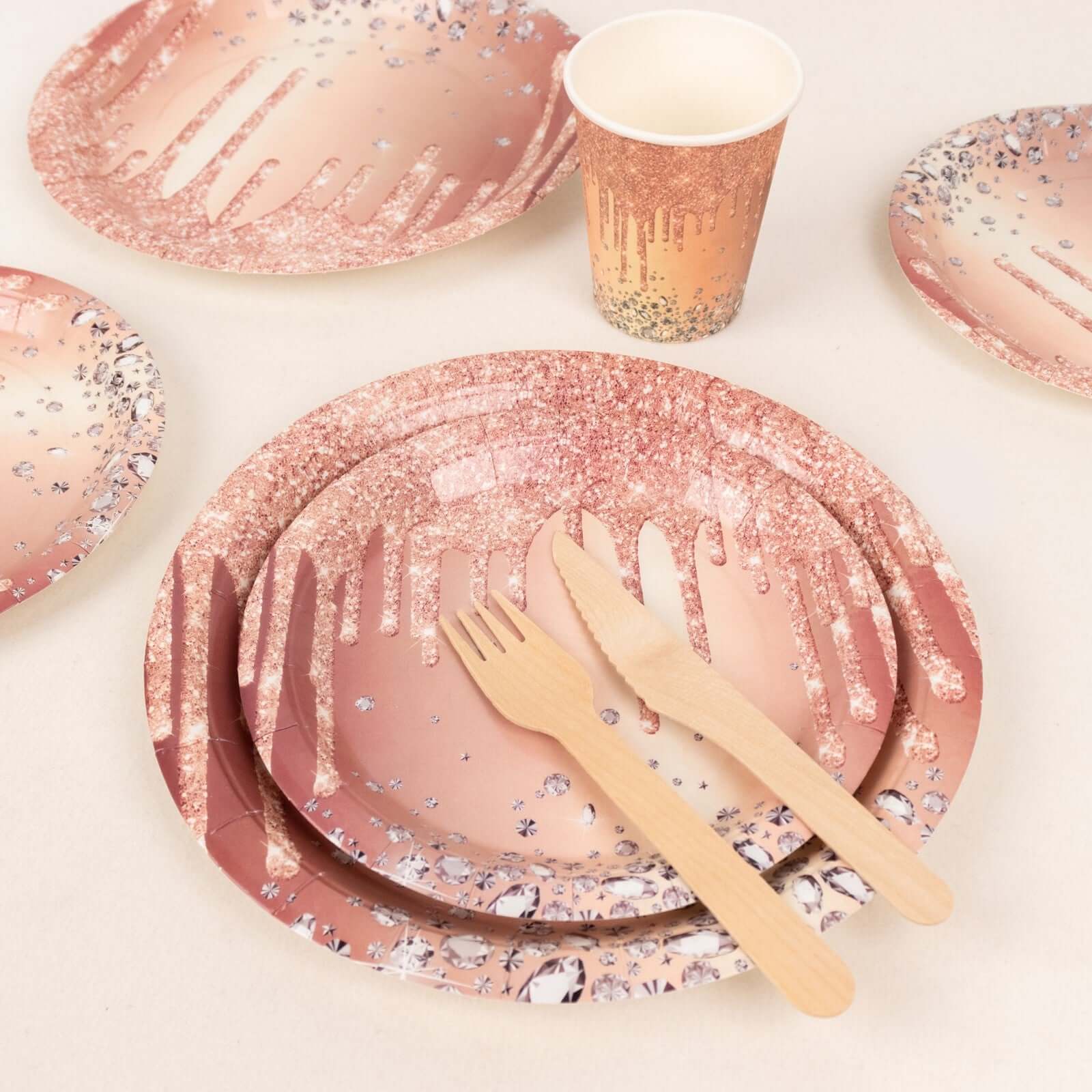 72 Pcs Paper Dinnerware Set with Diamonds Glitter Drip Pattern Rose Gold - Disposable Tableware Combo-Pack with Plates and Cups