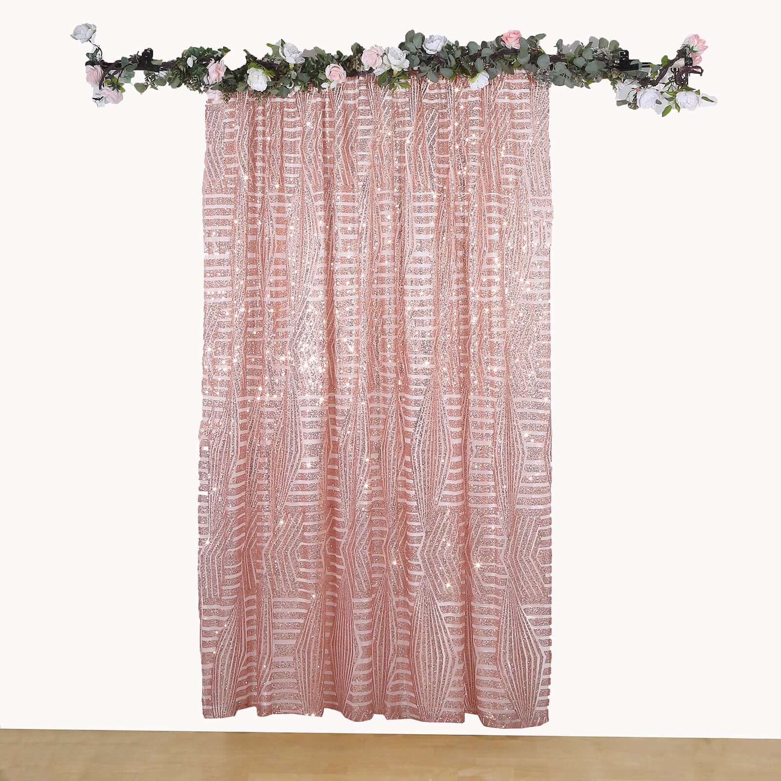 8ftx8ft Rose Gold Geometric Sequin Event Curtain Drapes with Satin Backing, Seamless Opaque Sparkly Backdrop Event Panel in Diamond Glitz Pattern