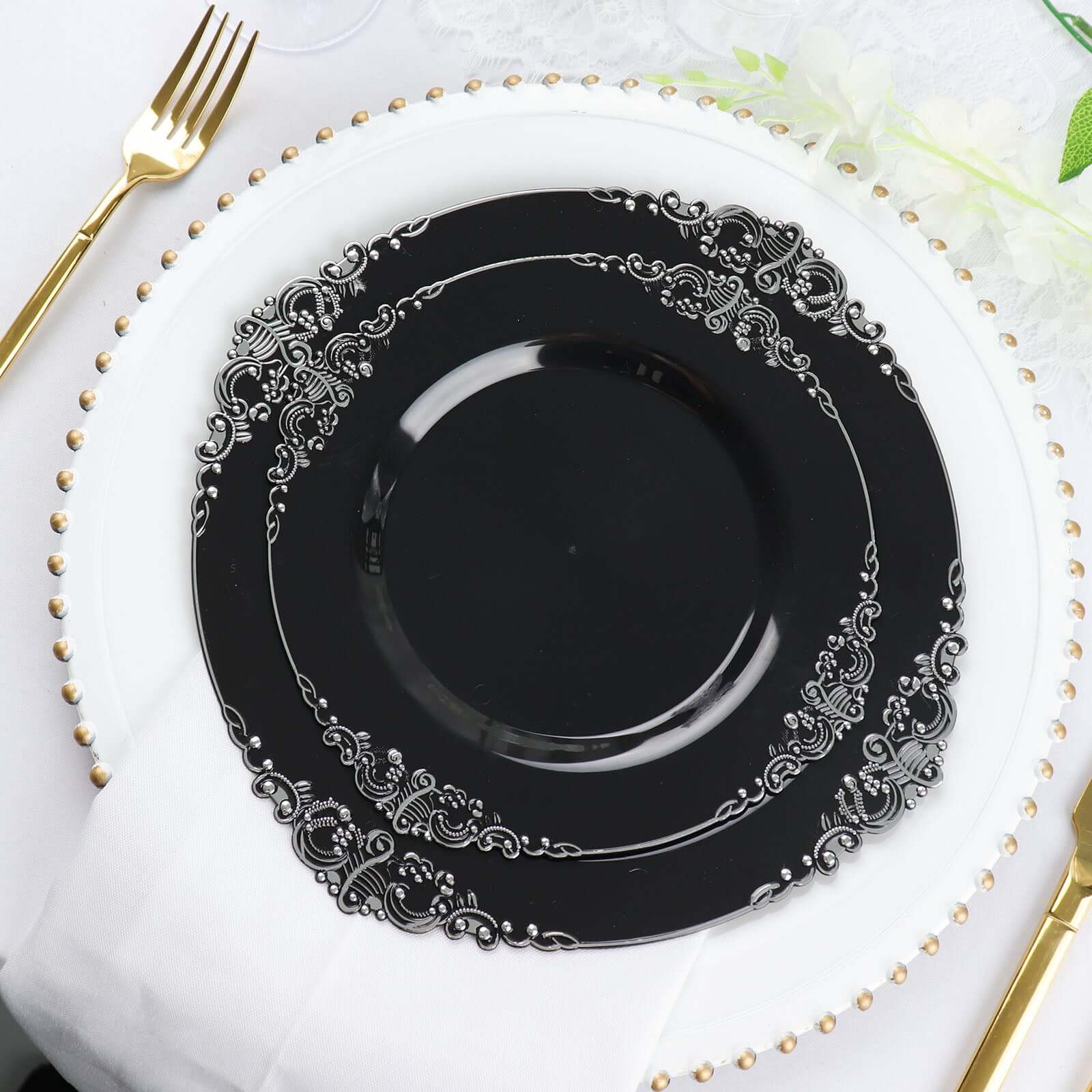 10-Pack Plastic 10 Round Dinner Plates in Black with Silver Leaf Embossed Rim - Disposable Vintage Baroque Style Plates