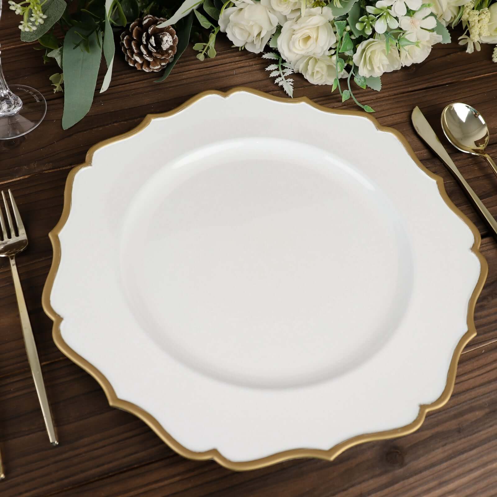 6-Pack Acrylic Round Charger Plates 13 in White with Gold Scalloped Rim, Decorative Dinner Party Plastic Charger Tableware