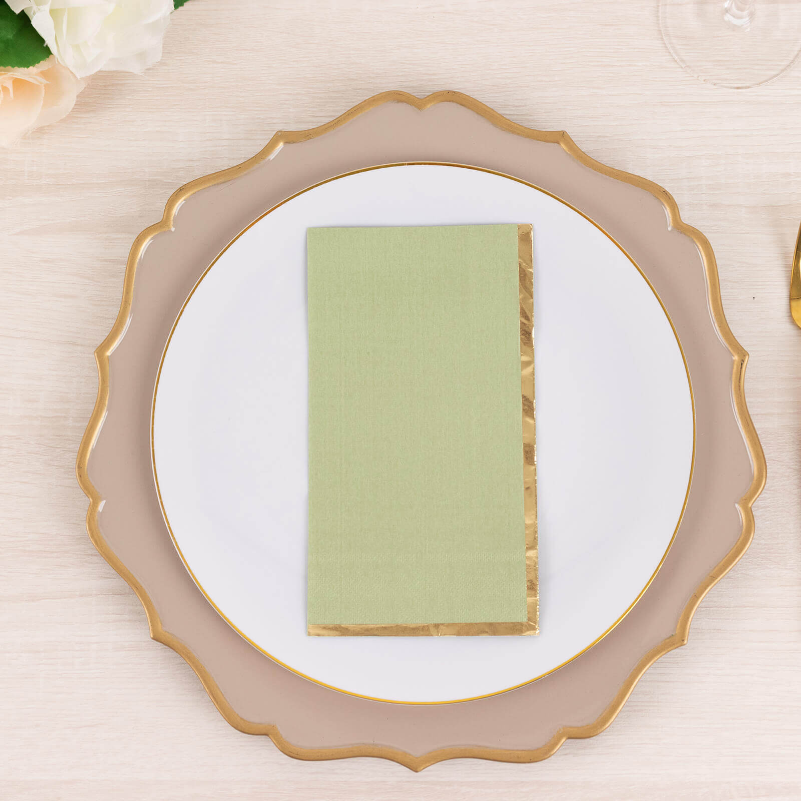 50-Pack Paper Dinner Napkins Sage Green with Gold Foil Edge 2 Ply - Stylish Disposable Napkins