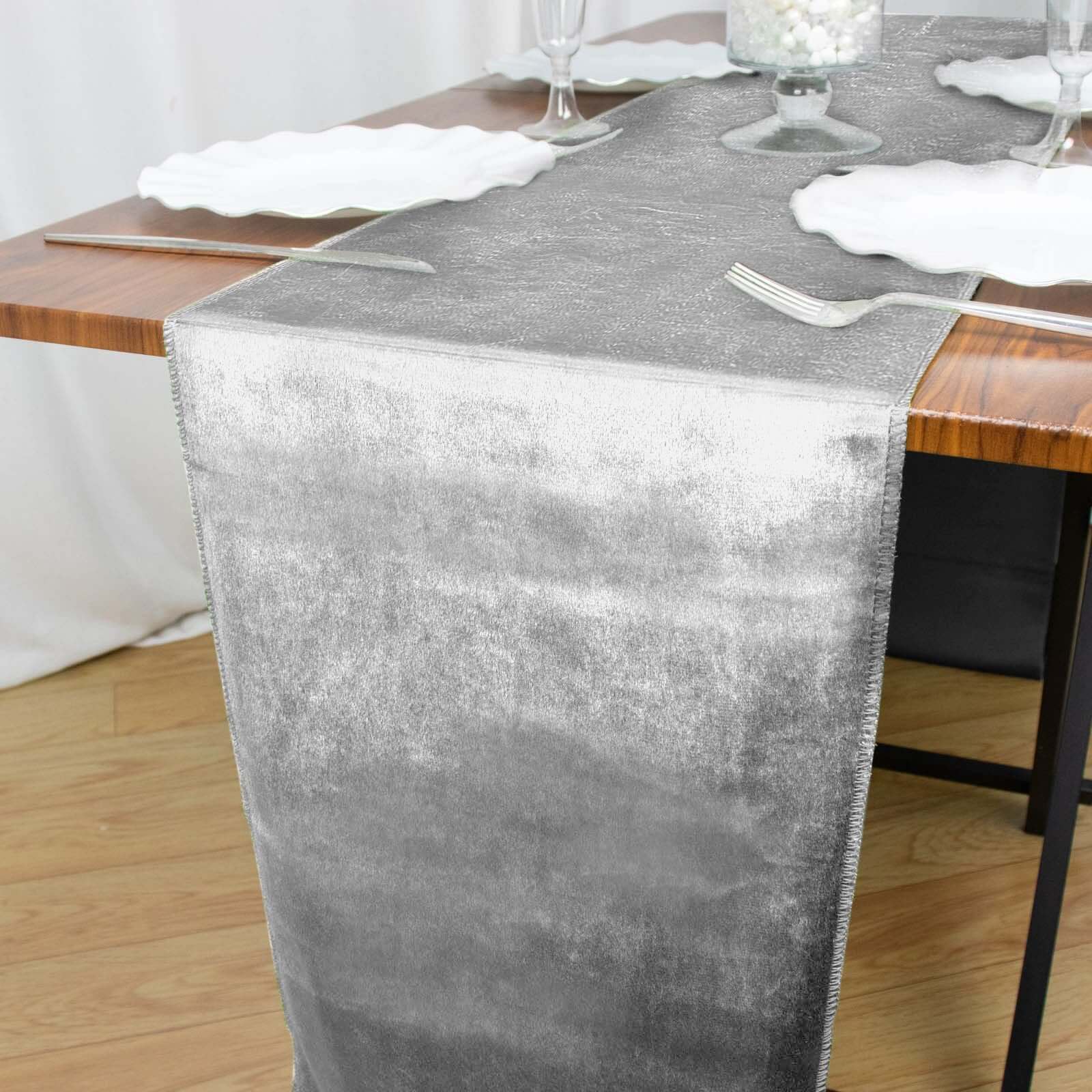 Premium Velvet 12x108 Table Runner Silver - Sheen Finish Reusable Table Decor