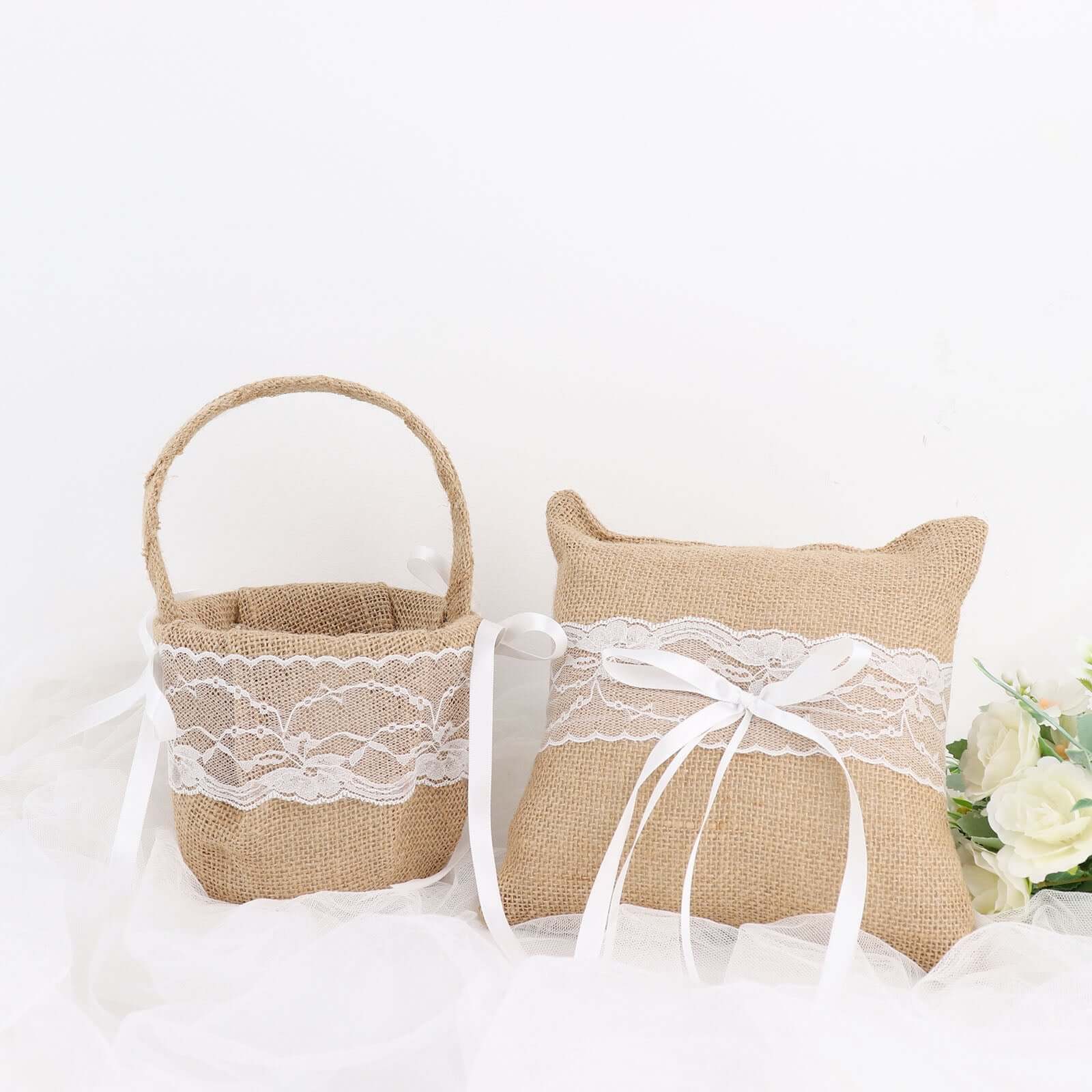 1 Set Natural Burlap and Lace Flower Girl Petal Basket and Ring Bearer Pillow Wedding Set