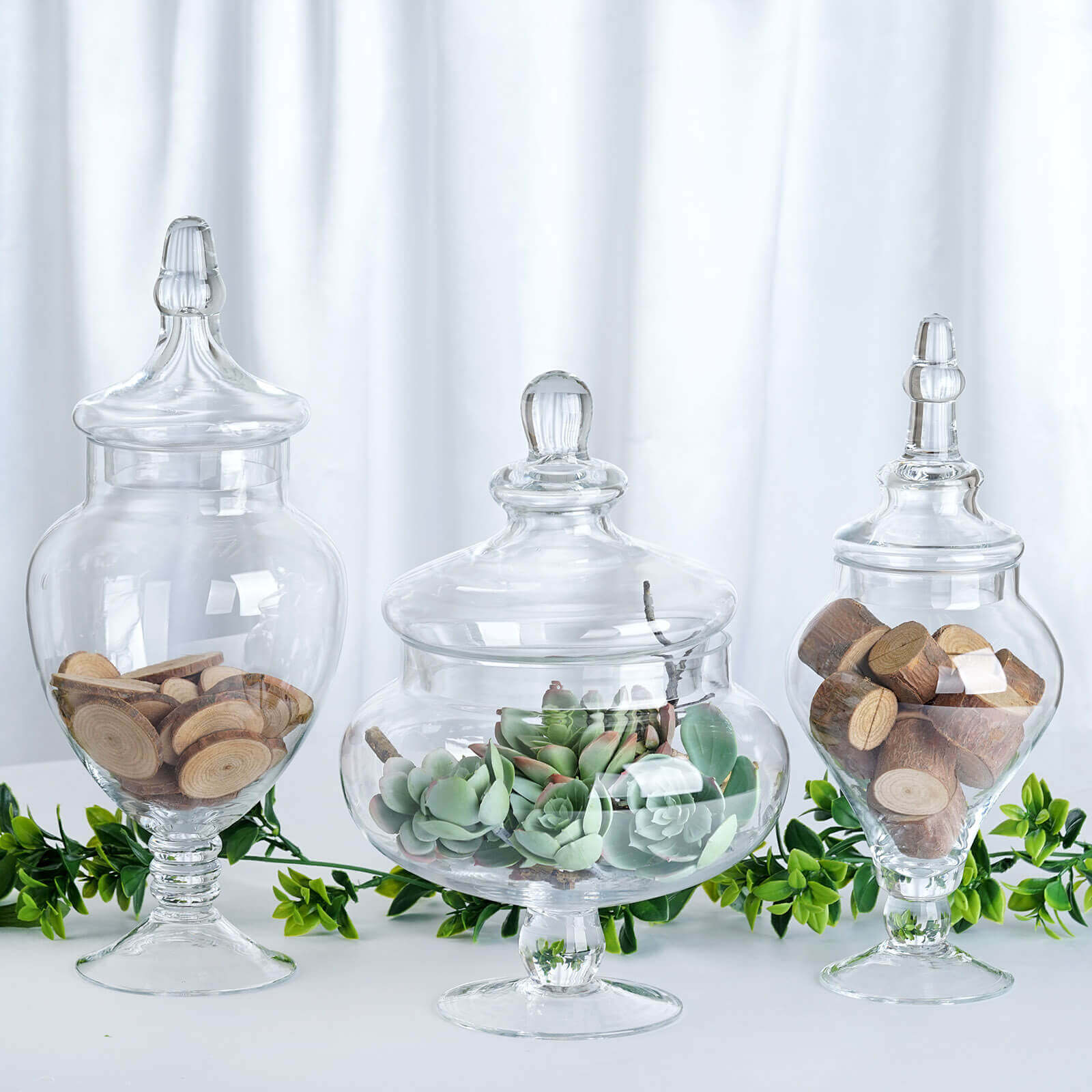 Set of 3 Glass Candy Jars Pedestal Apothecary Design Clear with Snap-On Lids - Stylish Party Favor Containers 10/12/14