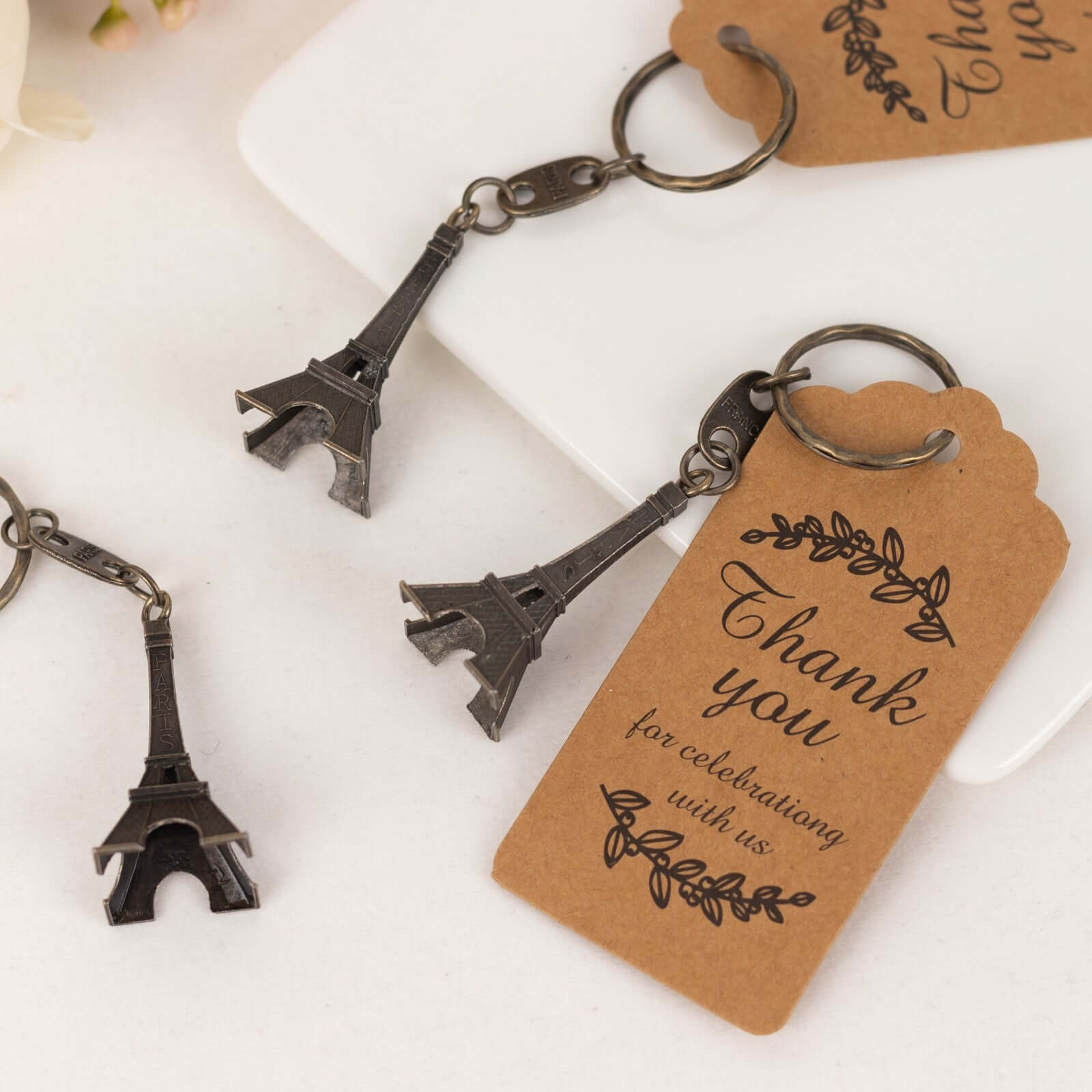 10 Pack Bronze Plastic Paris Eiffel Tower Keychain Wedding Favors, 4 Bridal Shower Party Souvenirs With Thank You Tag