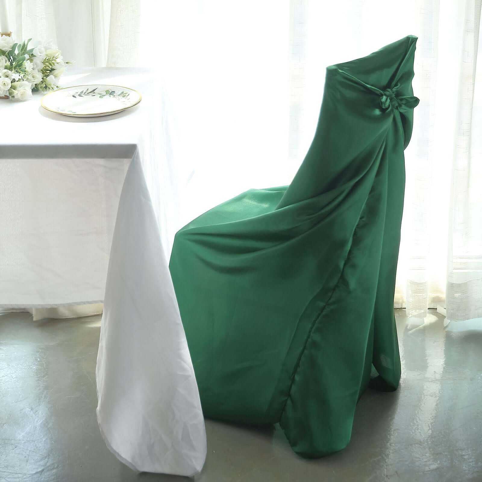 Satin Chair Cover Self-Tie Universal Design Hunter Emerald Green - Durable Slip-On Cover for Folding, Dining, Banquet & Standard Chairs