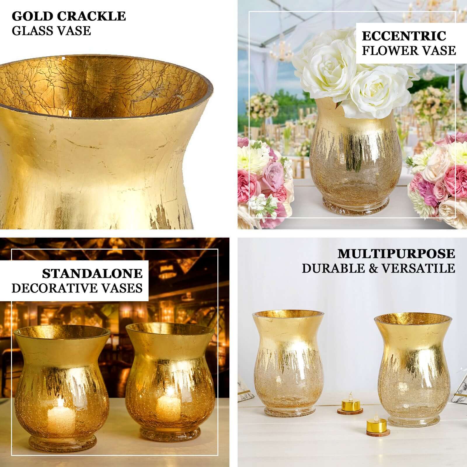 2-Pack Glass Hurricane Vases Bell Shaped Crackle Gold Curvy Design - Decorative Candle Holder Centerpieces 6