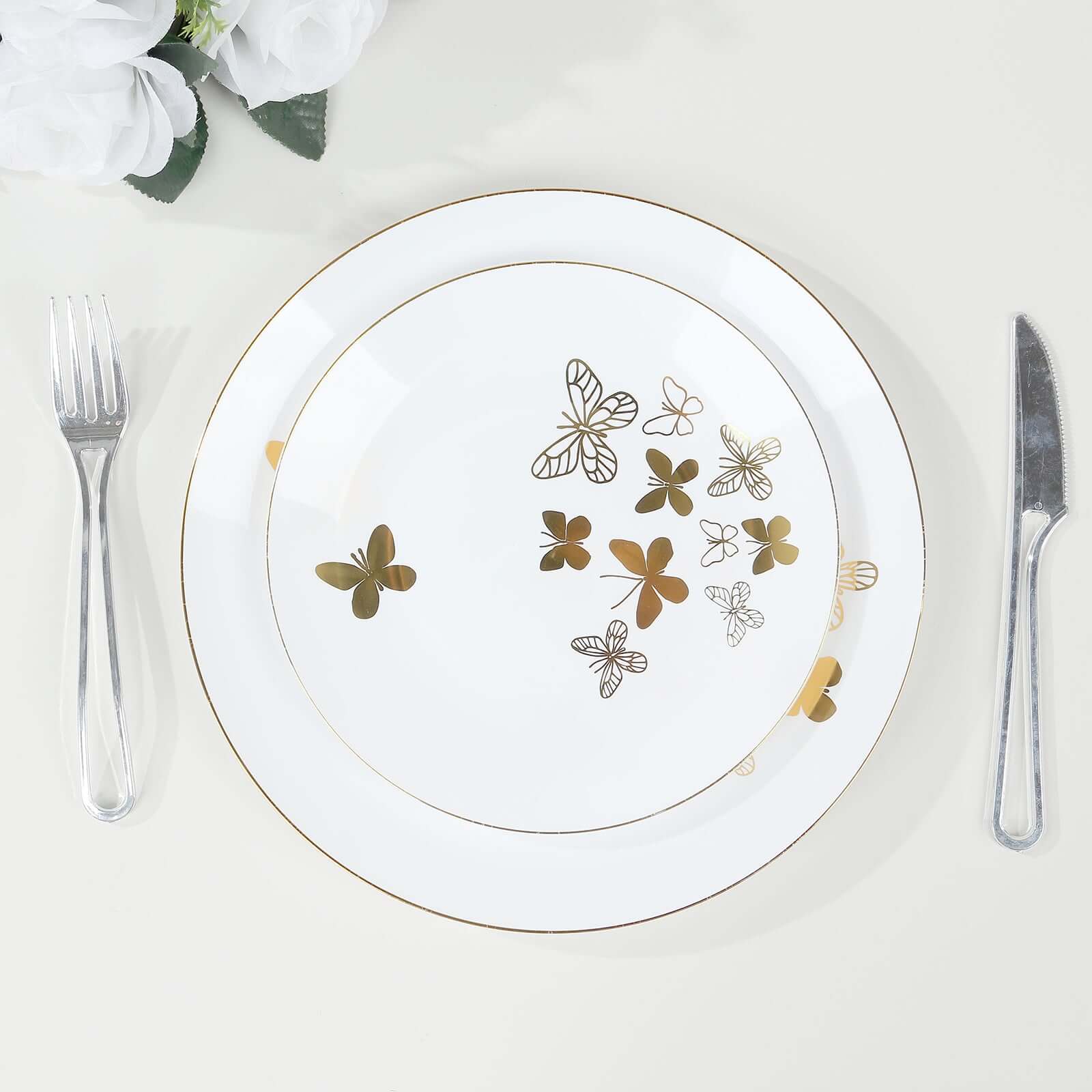 Set of 20 Plastic Round Dinner and Salad Plates in White with Gold Butterfly Design & Gold Rim - Stylish Disposable Dinnerware for Buffets & Catered Events 8, 10