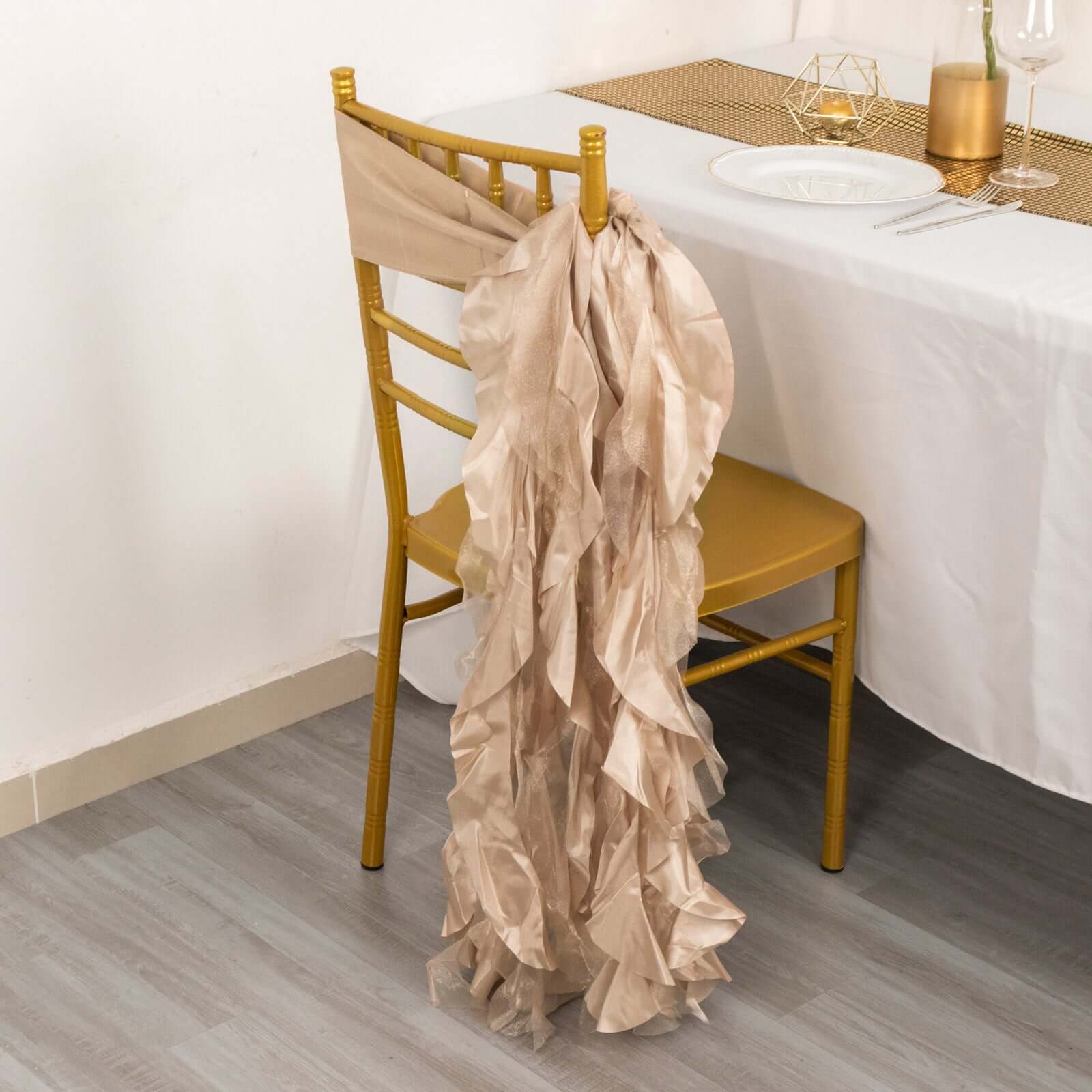 5 Pack Chiffon Satin Chair Sashes Nude - Easy to Install Ruffled Curly Willow