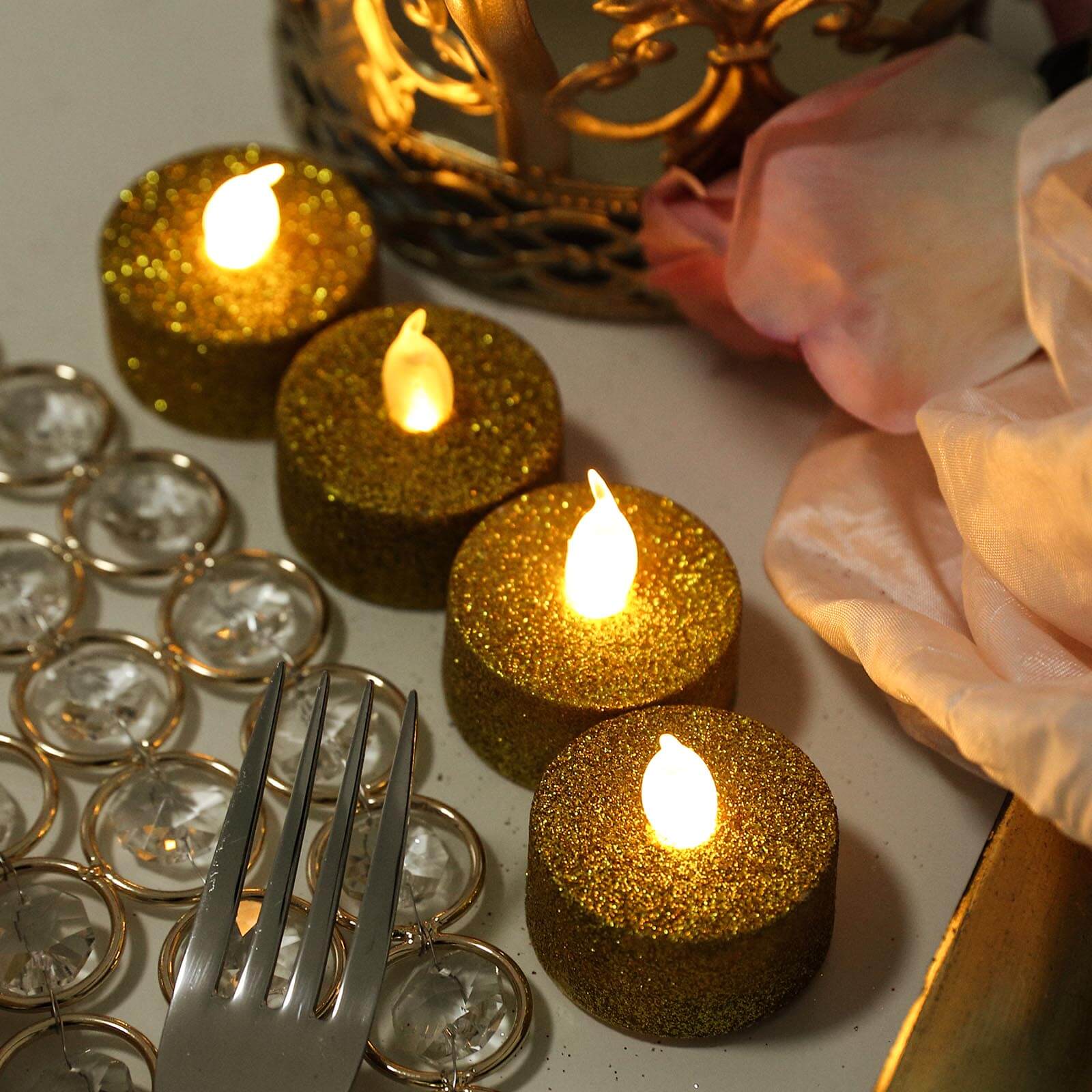 12-Pack LED Tealight Candles Glitter Gold Design - Flameless Battery Operated Tea Lights