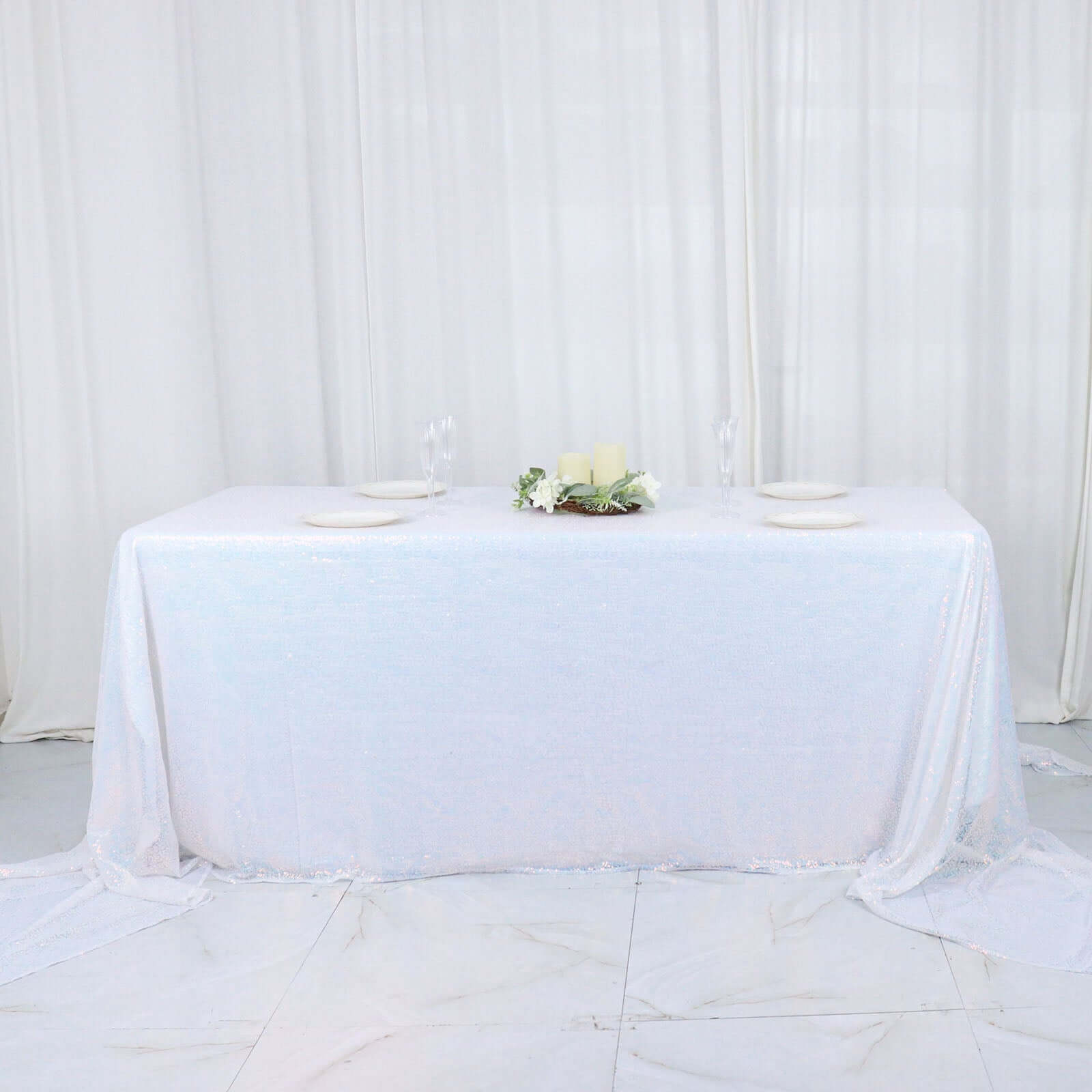Sequin 90x156 Rectangle Tablecloth Iridescent Blue - Seamless Twinkling Table Cover