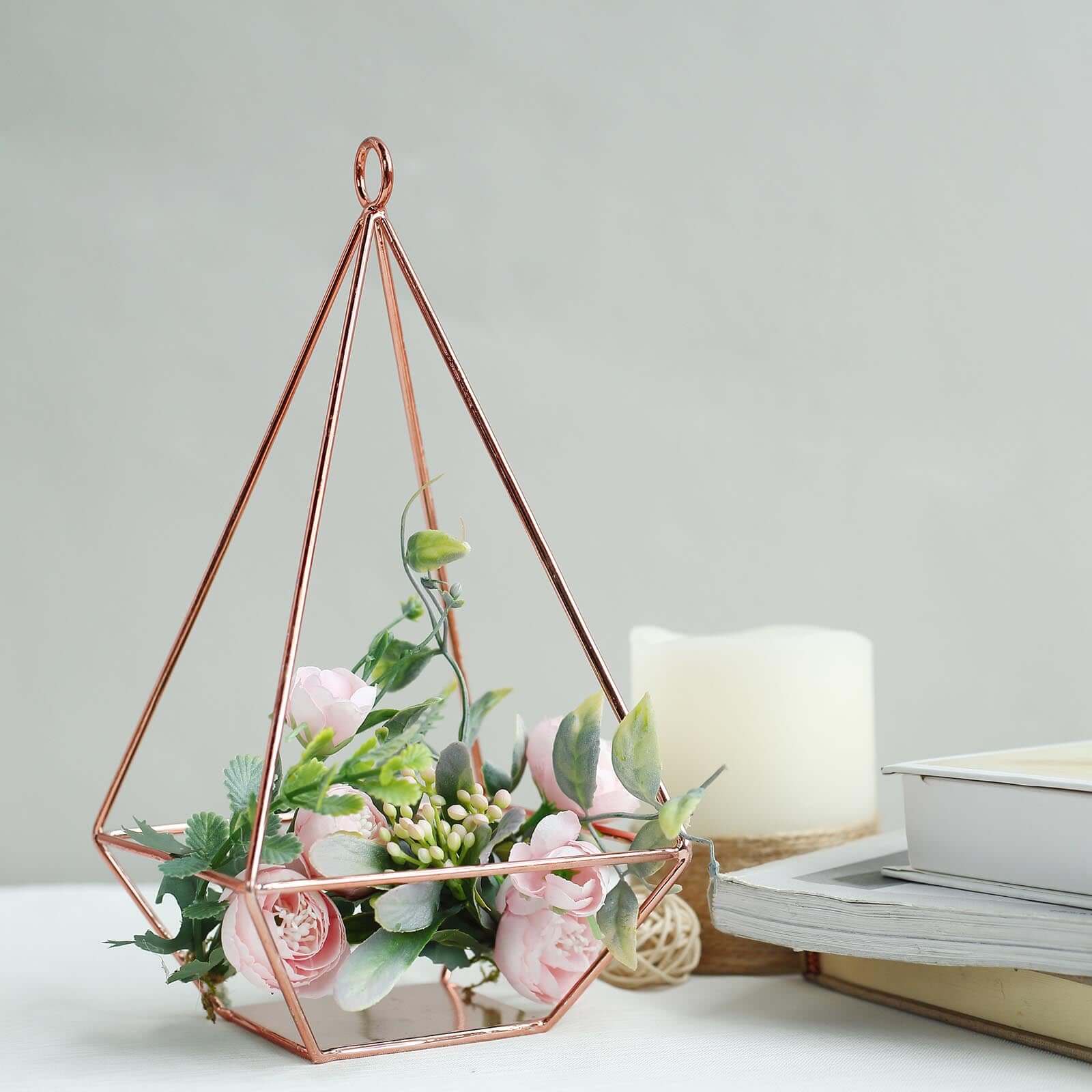 2-Pack Tealight Candle Holders Rose Gold Metal Pyramid Geometric Open Frame - Flower Stand 9