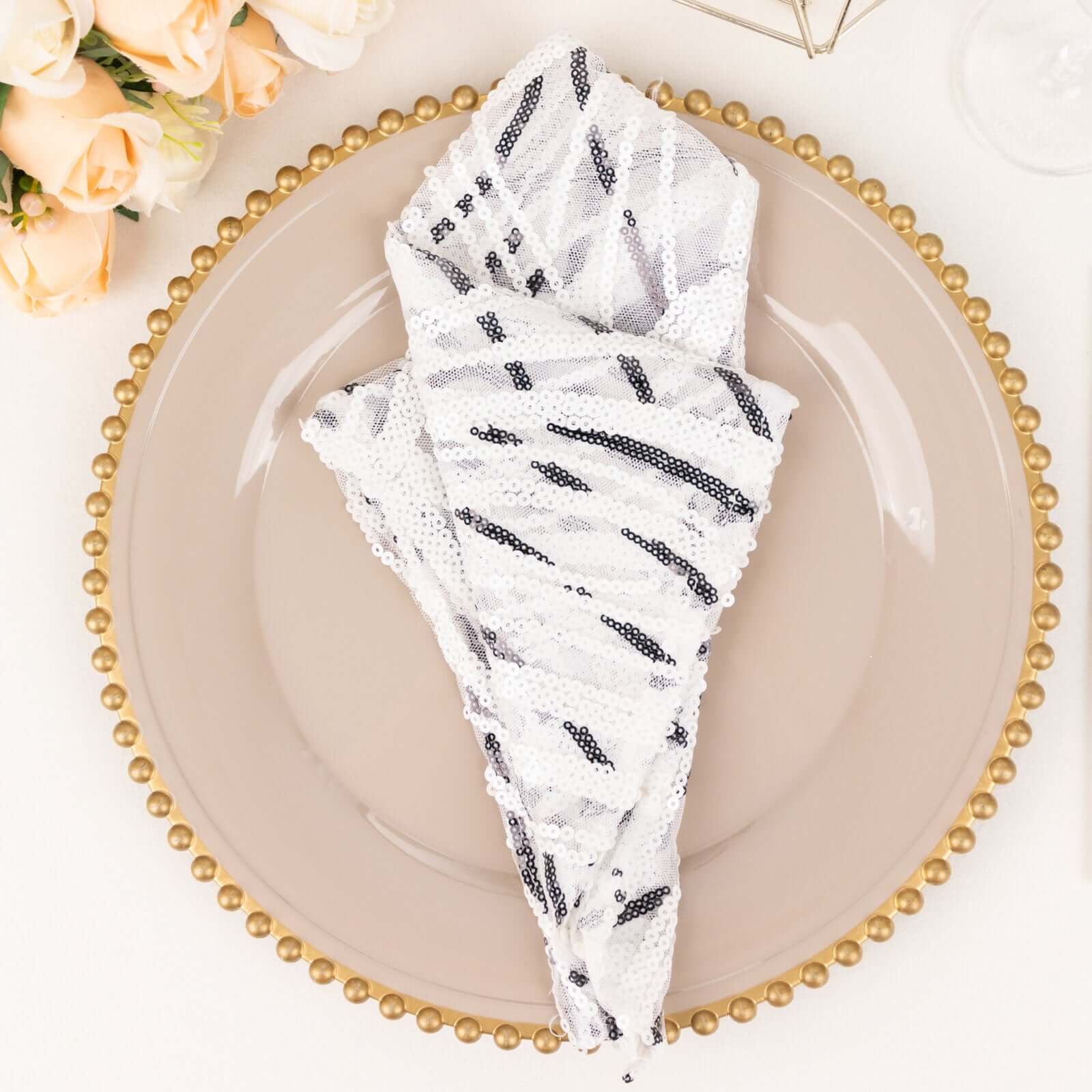 Sequin Mesh 20x20 Napkin White Black - Wave Embroidered Reusable Napkin