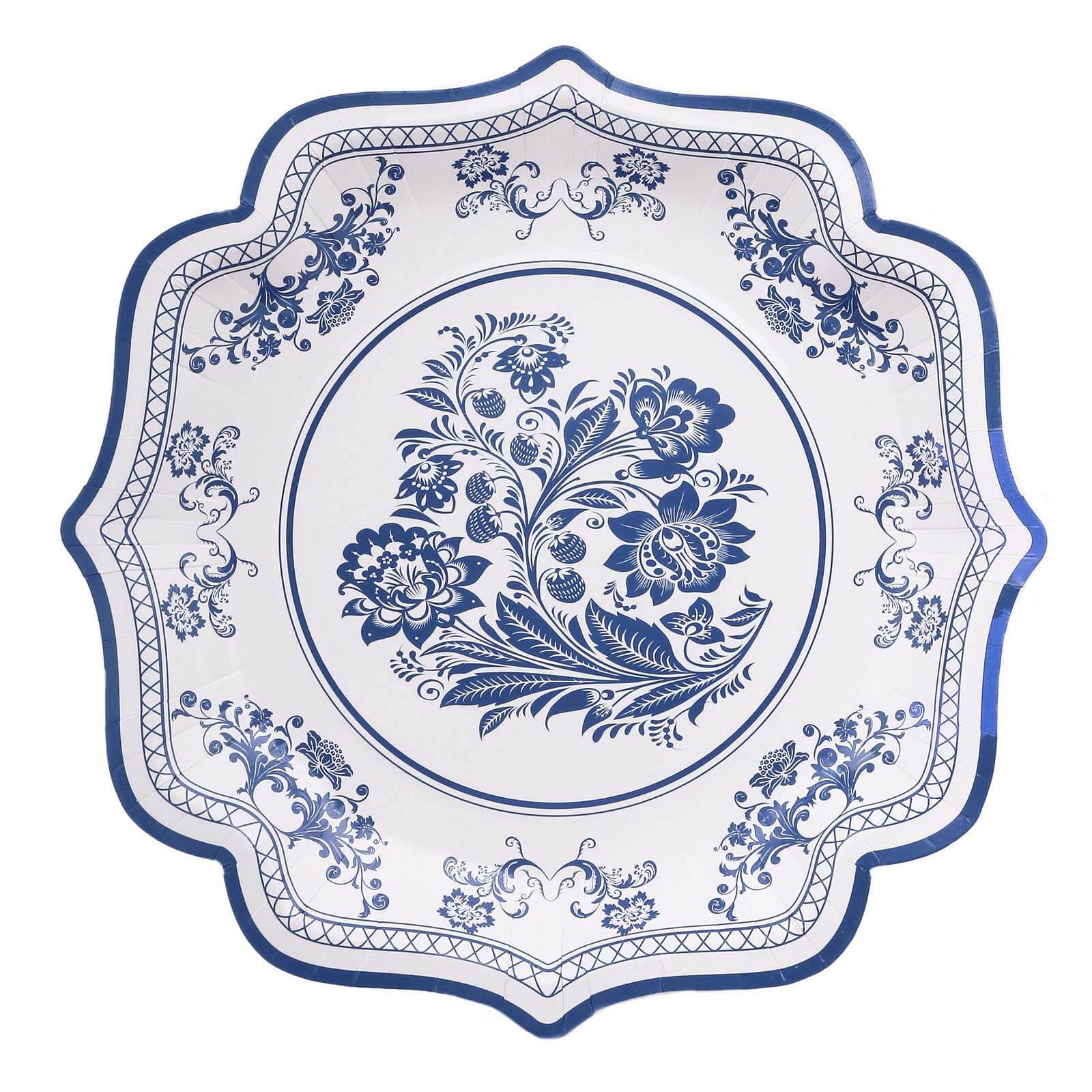 25-Pack Paper Dinner Plates in White with Light Blue French Toile Print & Scallop Rim - Stylish Disposable 300GSM Floral Party Plates 10