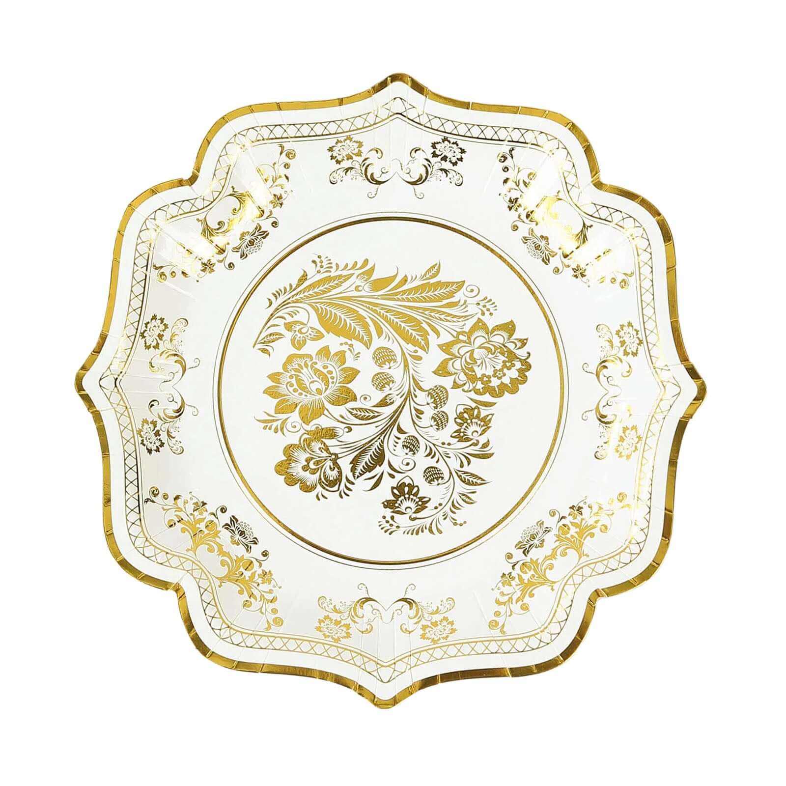 25-Pack Paper Dessert Plates in White with Gold French Toile Print & Scallop Rim - Stylish Disposable 300GSM Floral Salad Appetizer Plates for Weddings & Events 8