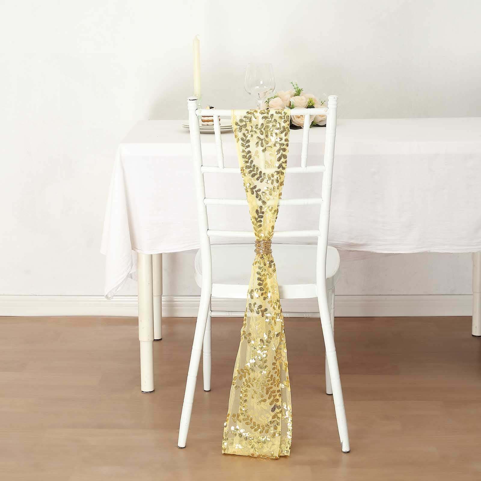 5 Pack Tulle Chair Sashes with Leaf Vine Embroidered Sequins Gold 6x88 - Stylish Decor for Weddings