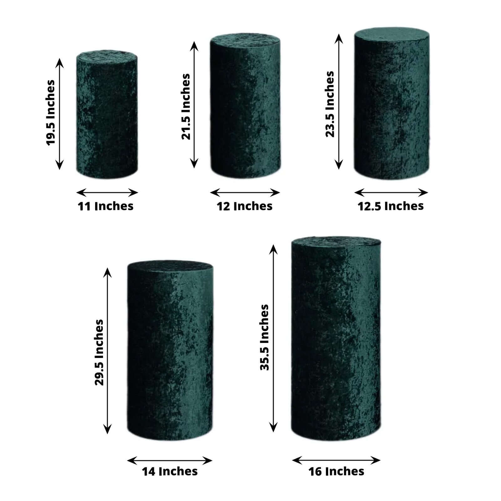 Set of 5 Hunter Emerald Green Crushed Velvet Cylinder Pedestal Stand Covers, Premium Pillar Prop Covers