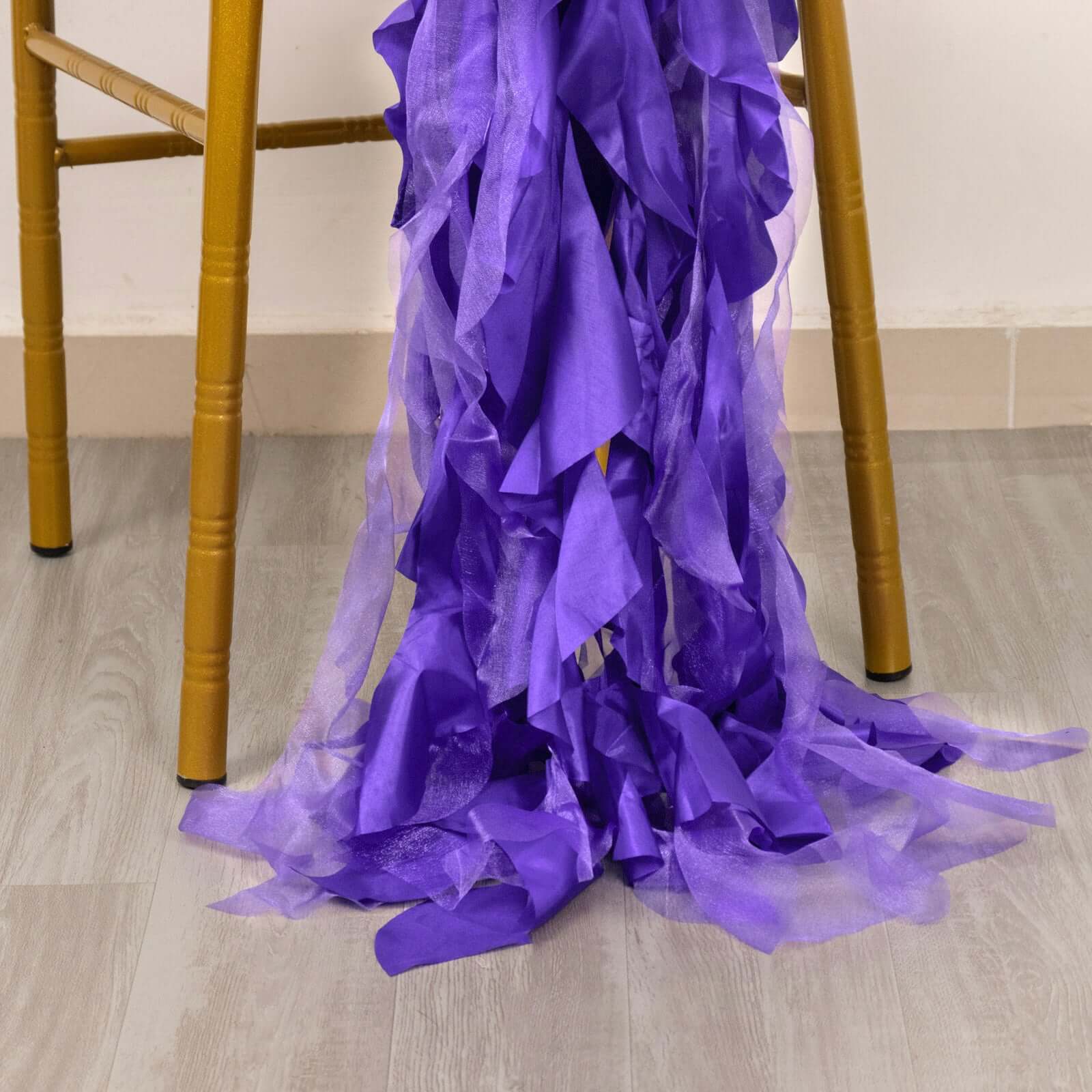 5 Pack Chiffon Satin Chair Sashes Purple - Easy to Install Ruffled Curly Willow