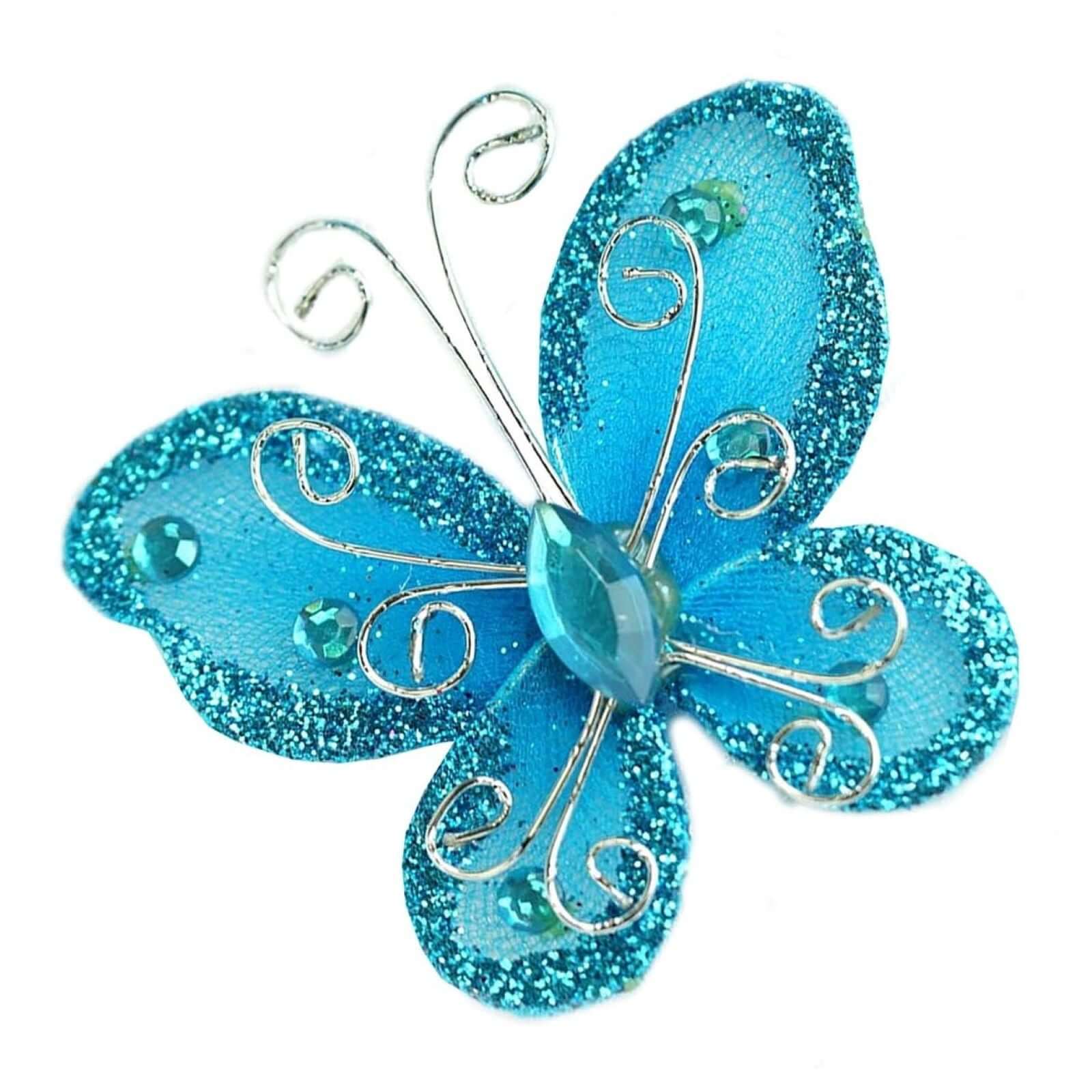 12 Pack 2 Turquoise Diamond Studded Wired Organza Butterflies