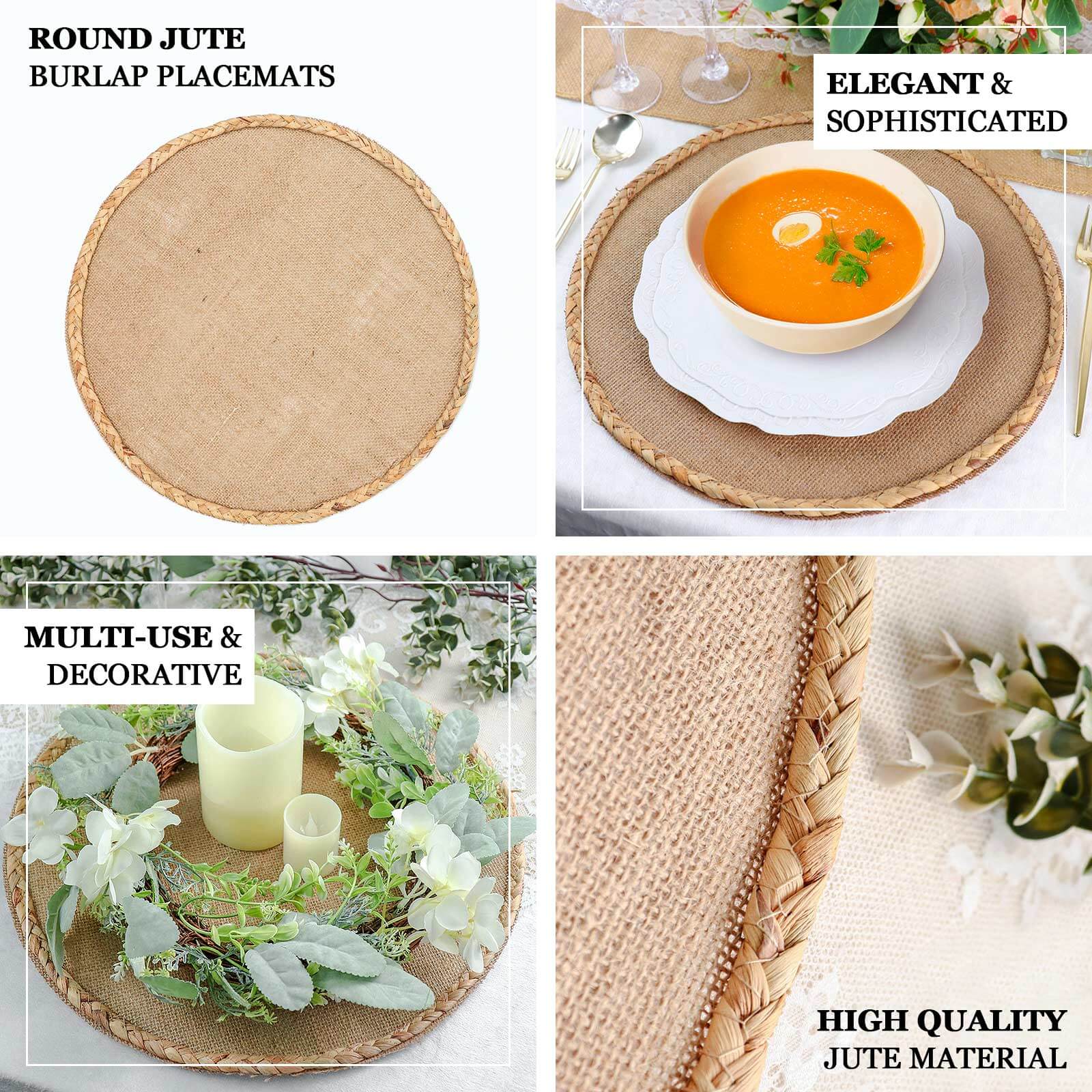 4-Pack Placemats Braided Edge Design Natural Burlap Jute Round - Rustic Farmhouse Style with Trim 15