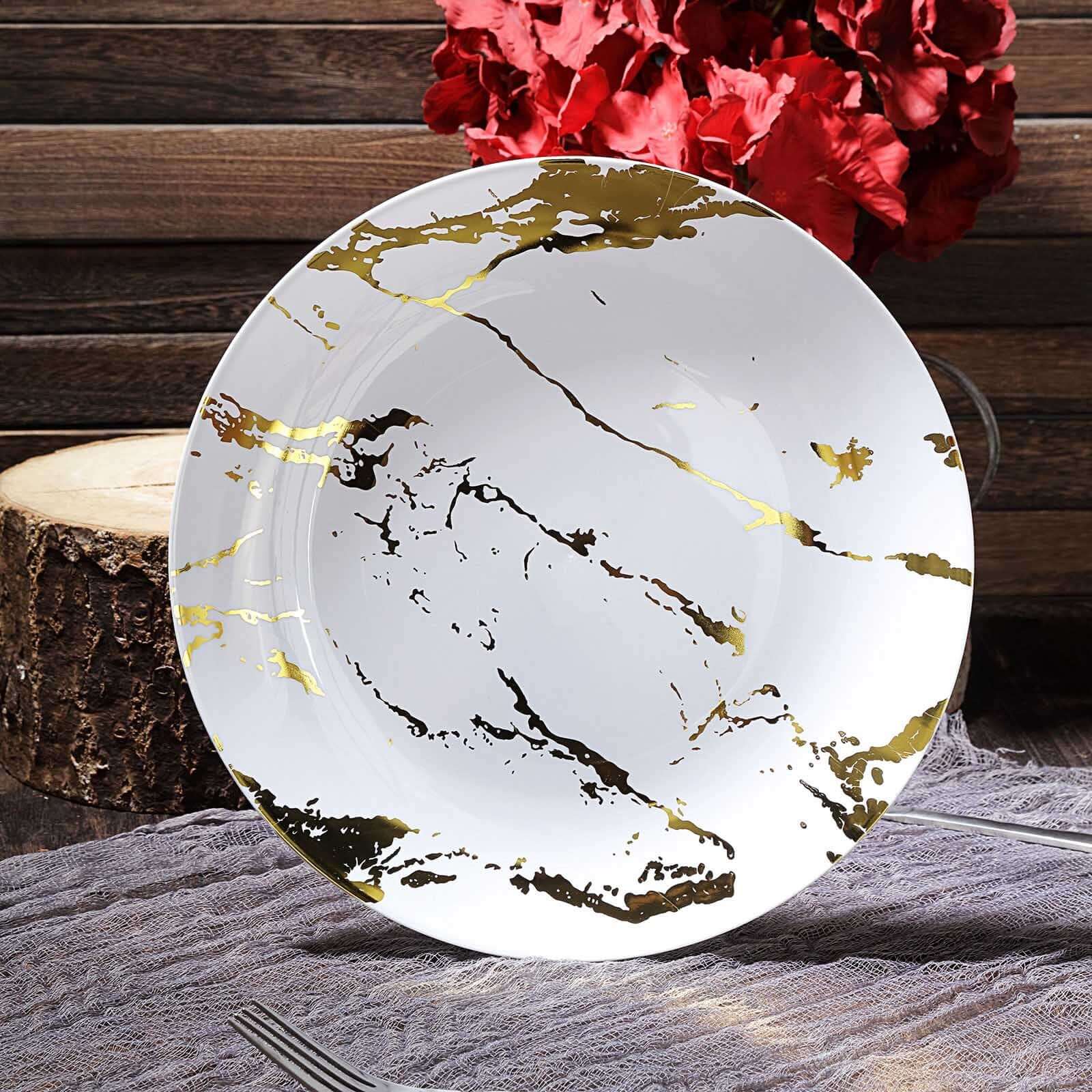 10-Pack Plastic 10 Round Dinner Plates in White with Gold Marble Print - Disposable Party Plates for Chic Banquets & Special Occasions