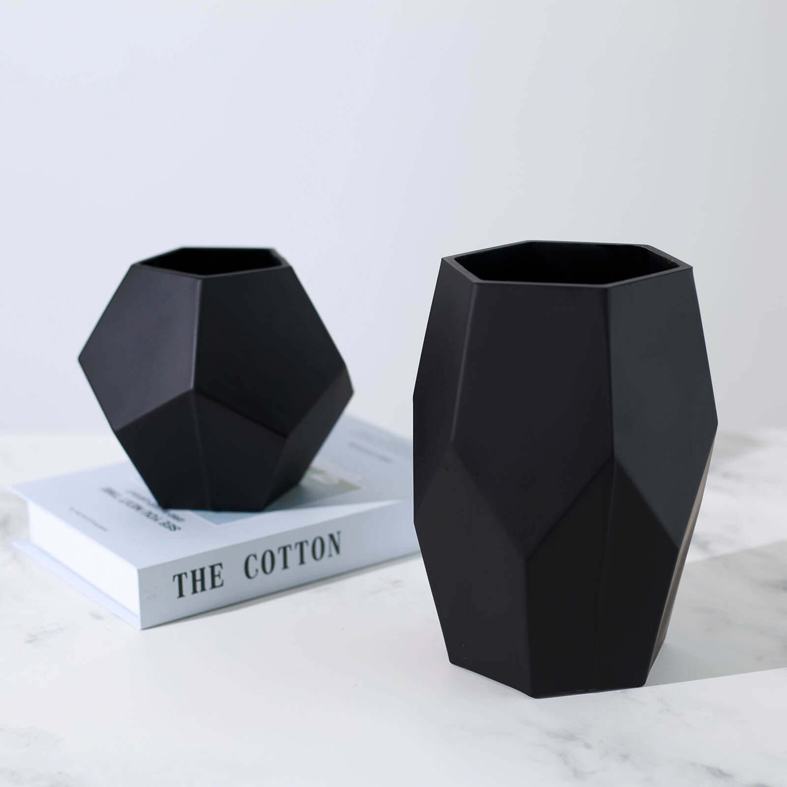 Set of 2 Glass Flower Vases Geometric Design Matte Black - Stylish Modern Candle Holder Centerpieces 5, 8