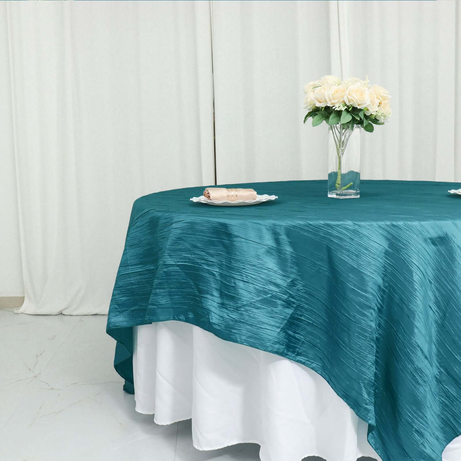 Taffeta 90x90 Table Overlay Square Tablecloth Peacock Teal - Accordion Crinkle Table Cover