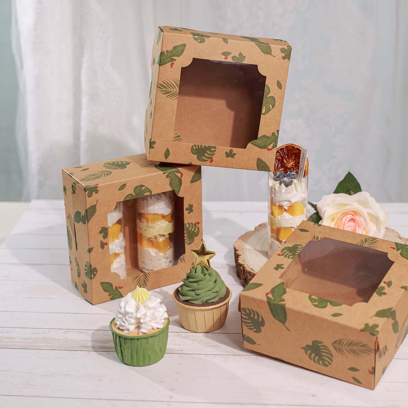 12-Pack Cardstock Cookie Boxes with Display Window - Tropical Leaf Design Disposable Treat Bakery Boxes for Donuts Cupcakes Strawberries & Pastries 6x6x3